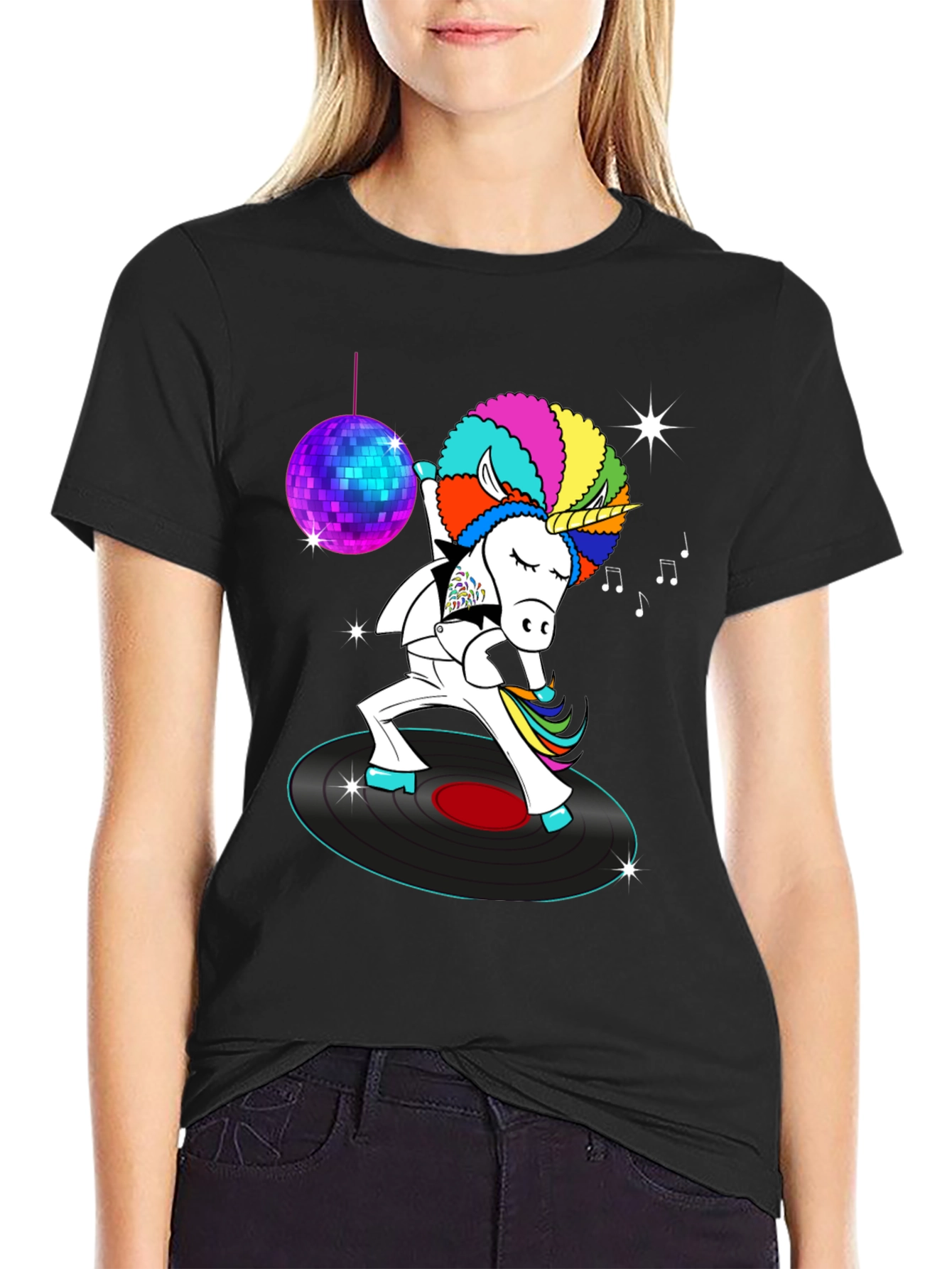 Black Disco Unicorn Graphic T-Shirt - Funky Dance Tee view 2