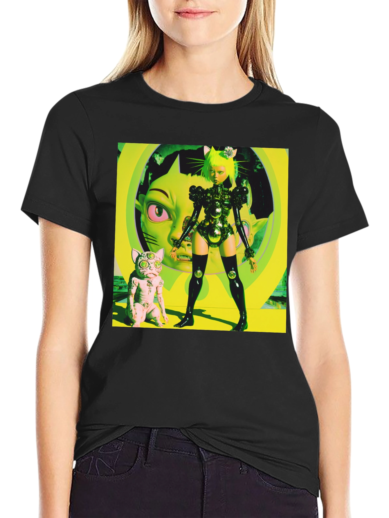 Black Cyberpunk Cat Girl T-Shirt - Bold Graphic Tee view 2