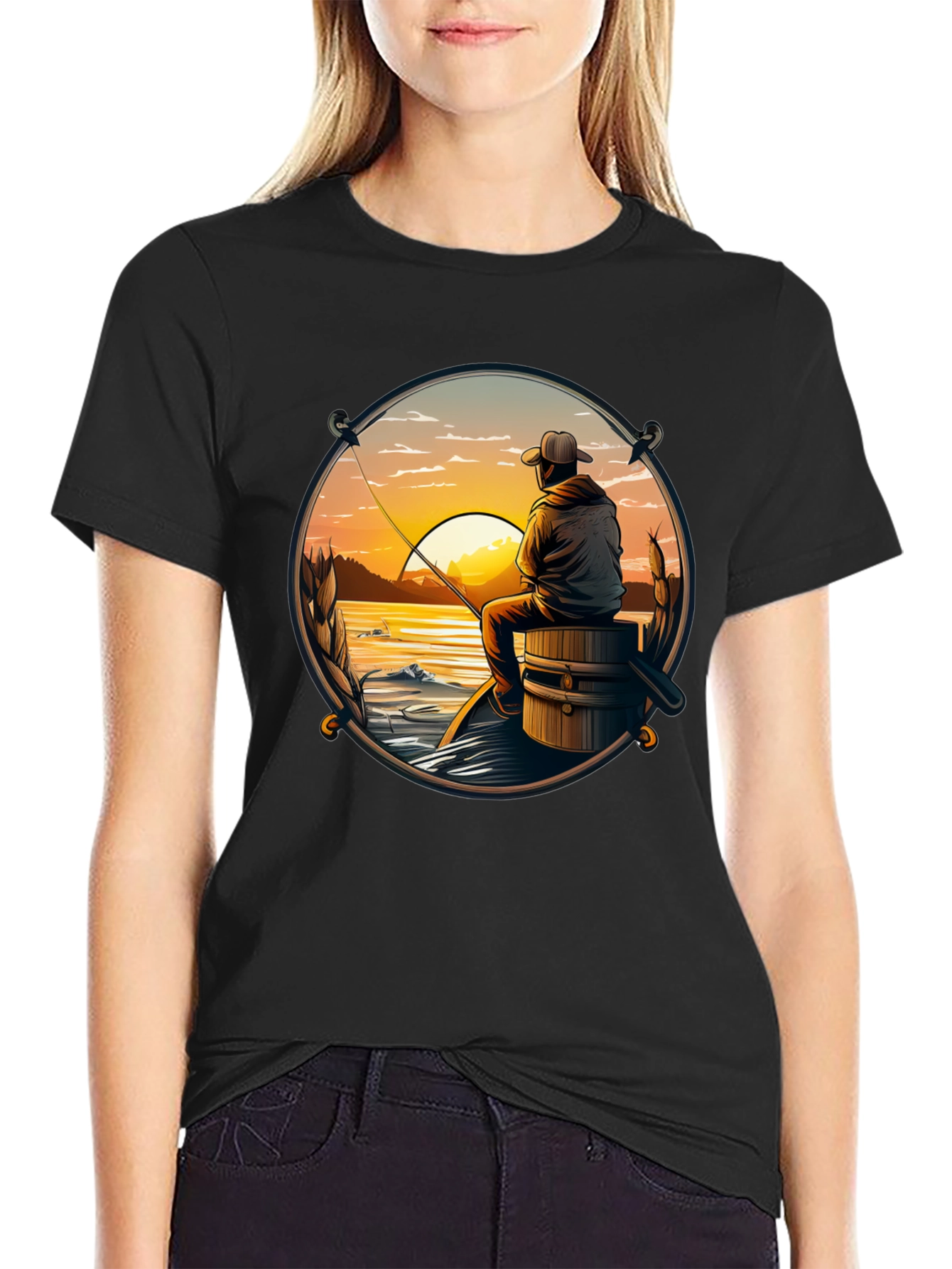 Black Fishing Sunset T-Shirt view 2