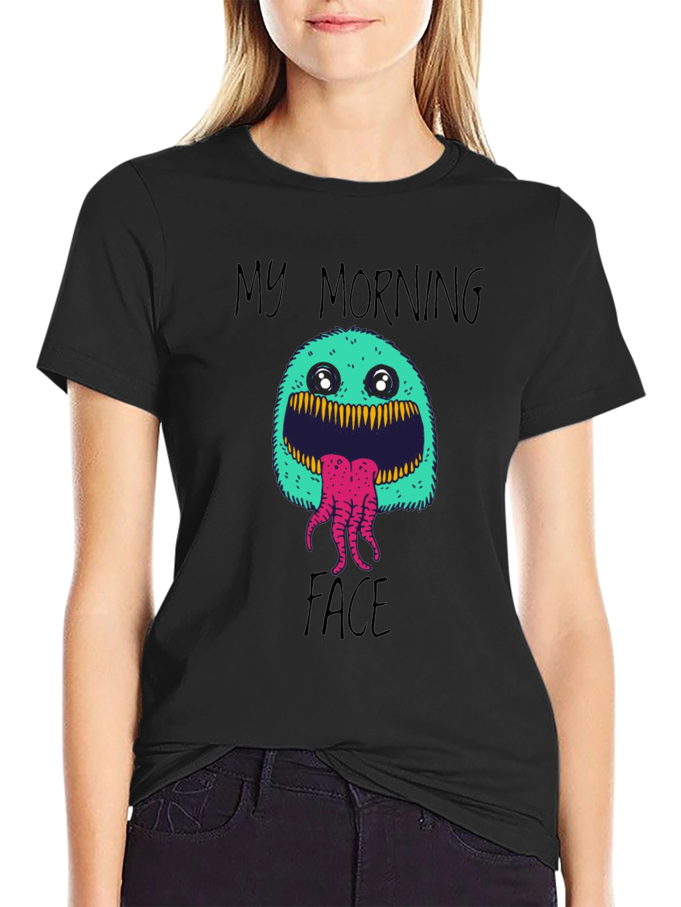 Black My Morning Face T-Shirt - Funny Monster Graphic Tee view 2