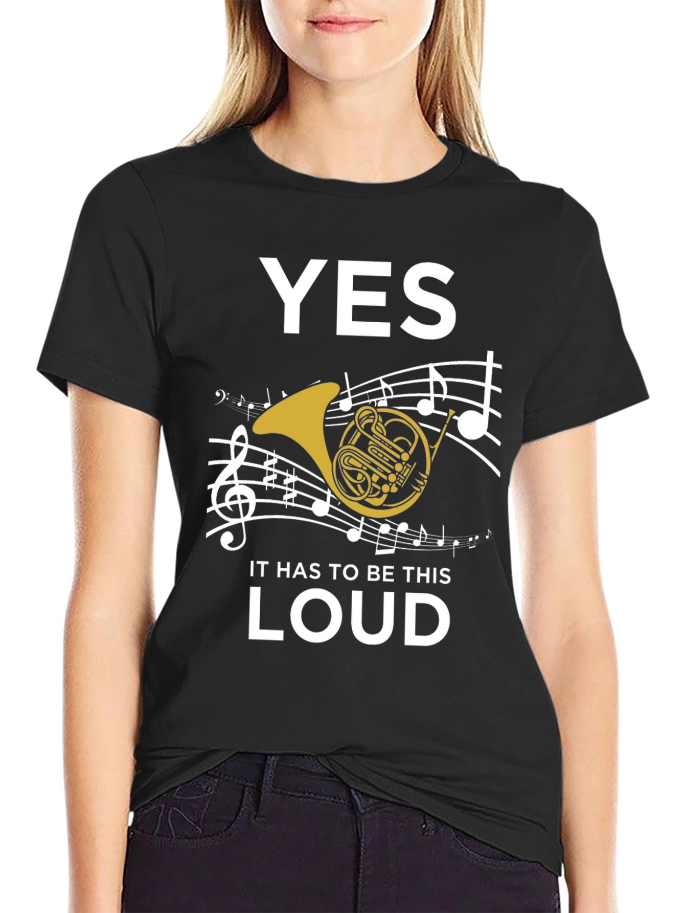 Black Funny French Horn Music T-Shirt view 2