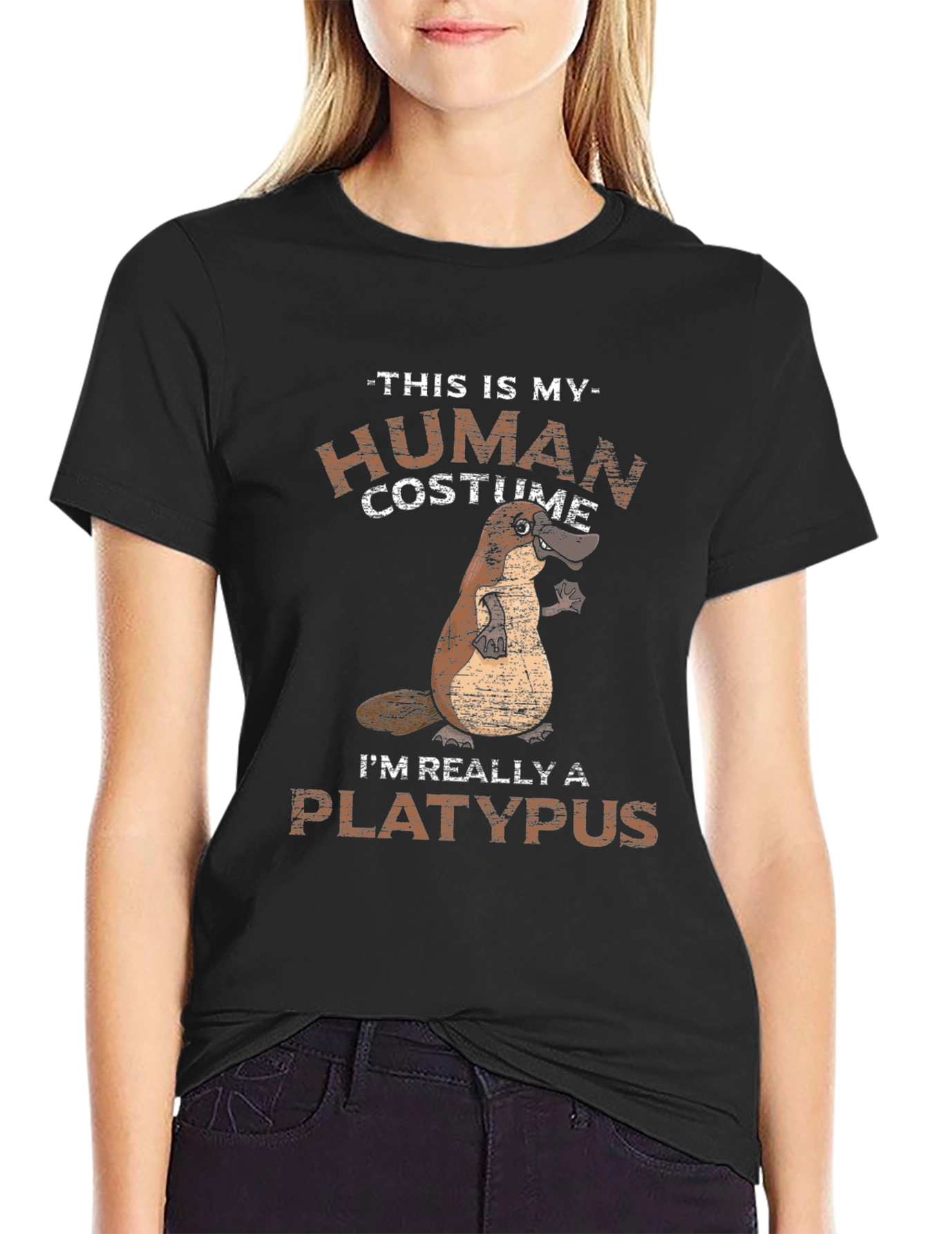 Black Human Costume I'm Really A Platypus Funny T-Shirt view 2