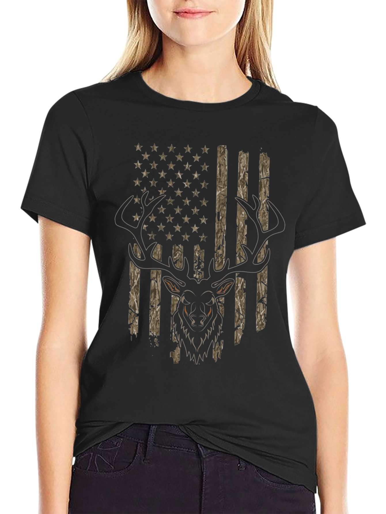 Black Deer Hunting USA Flag T-Shirt view 2