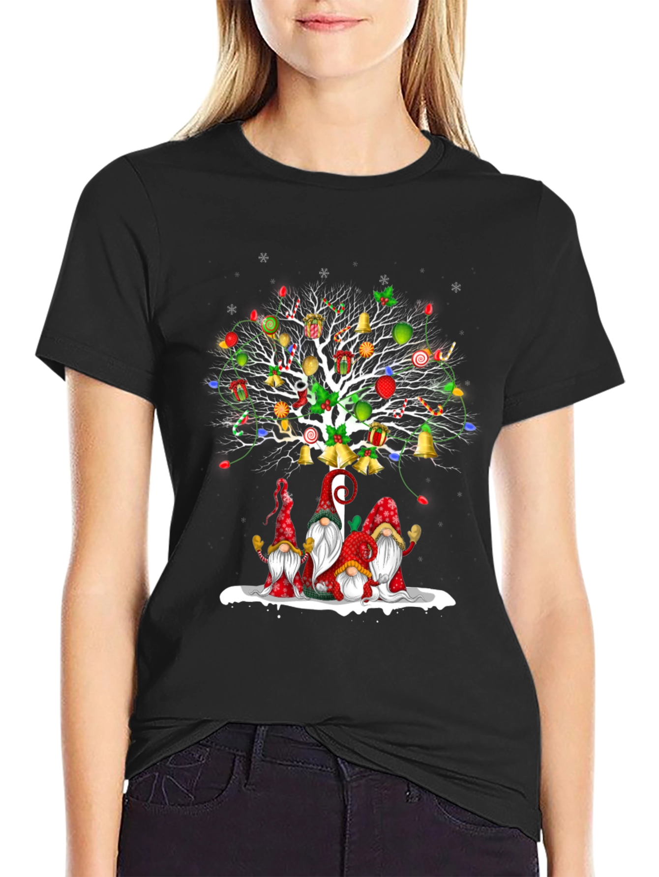 Black Festive Christmas Gnome Tree T-Shirt view 2