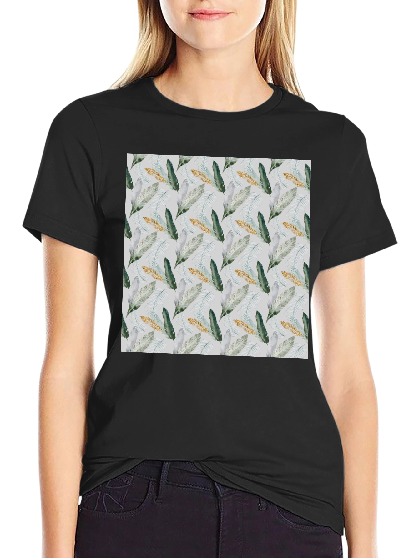 Black Feather Pattern Black T-Shirt view 2