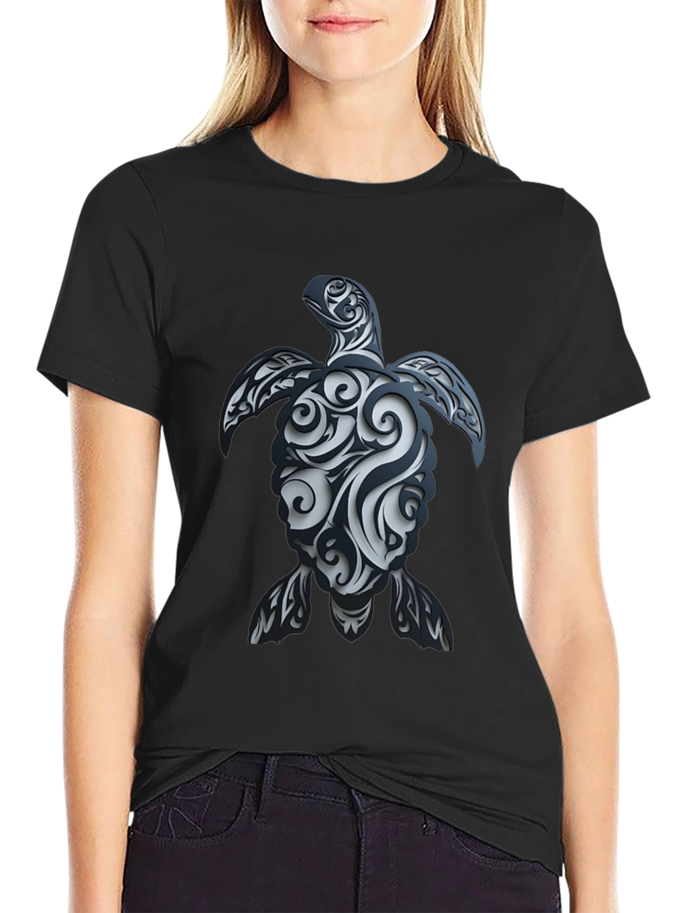 Black Tribal Turtle Graphic T-Shirt - Black view 2