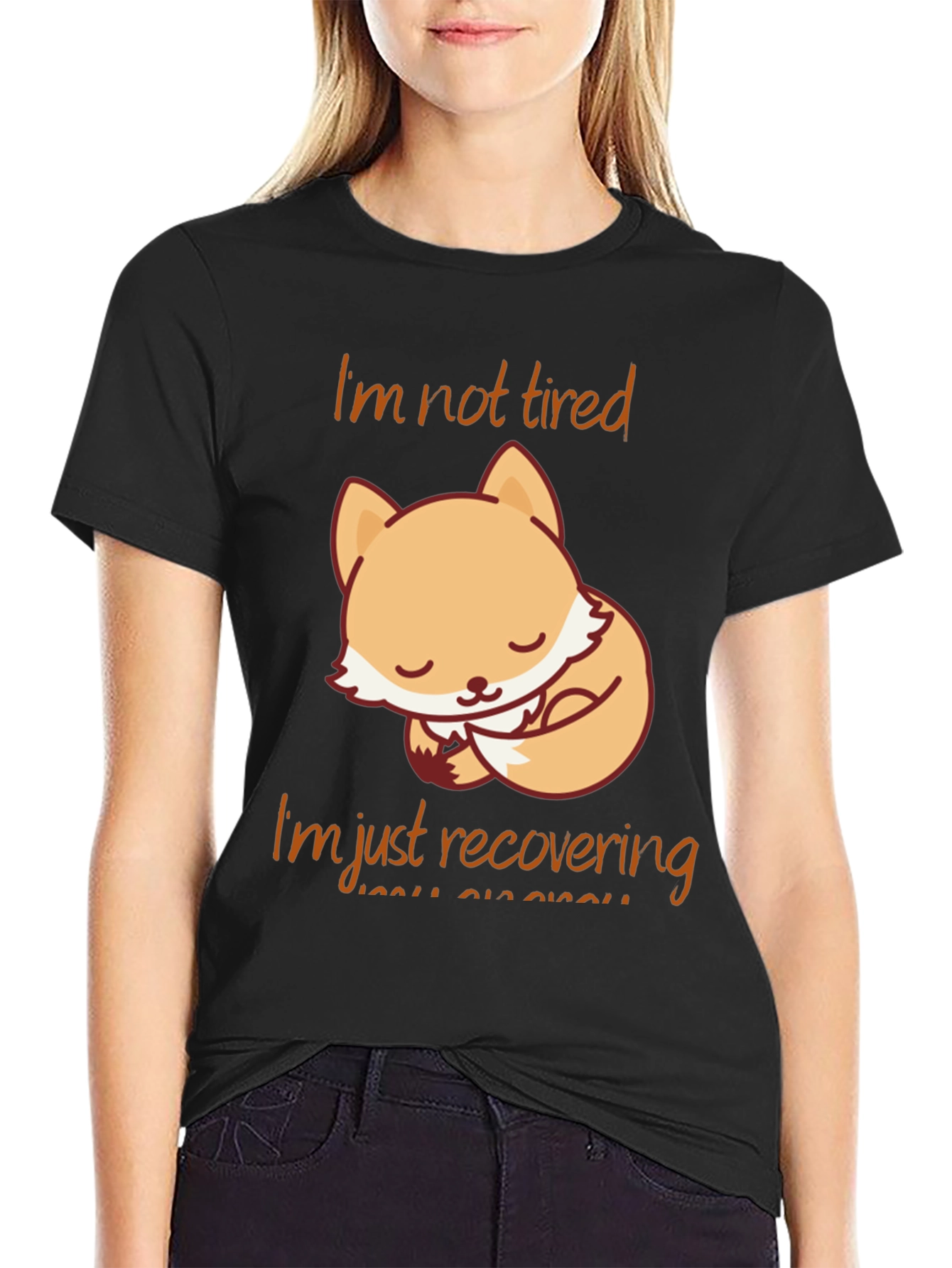 Black Cute Fox "I'm Not Tired" Graphic T-Shirt view 2