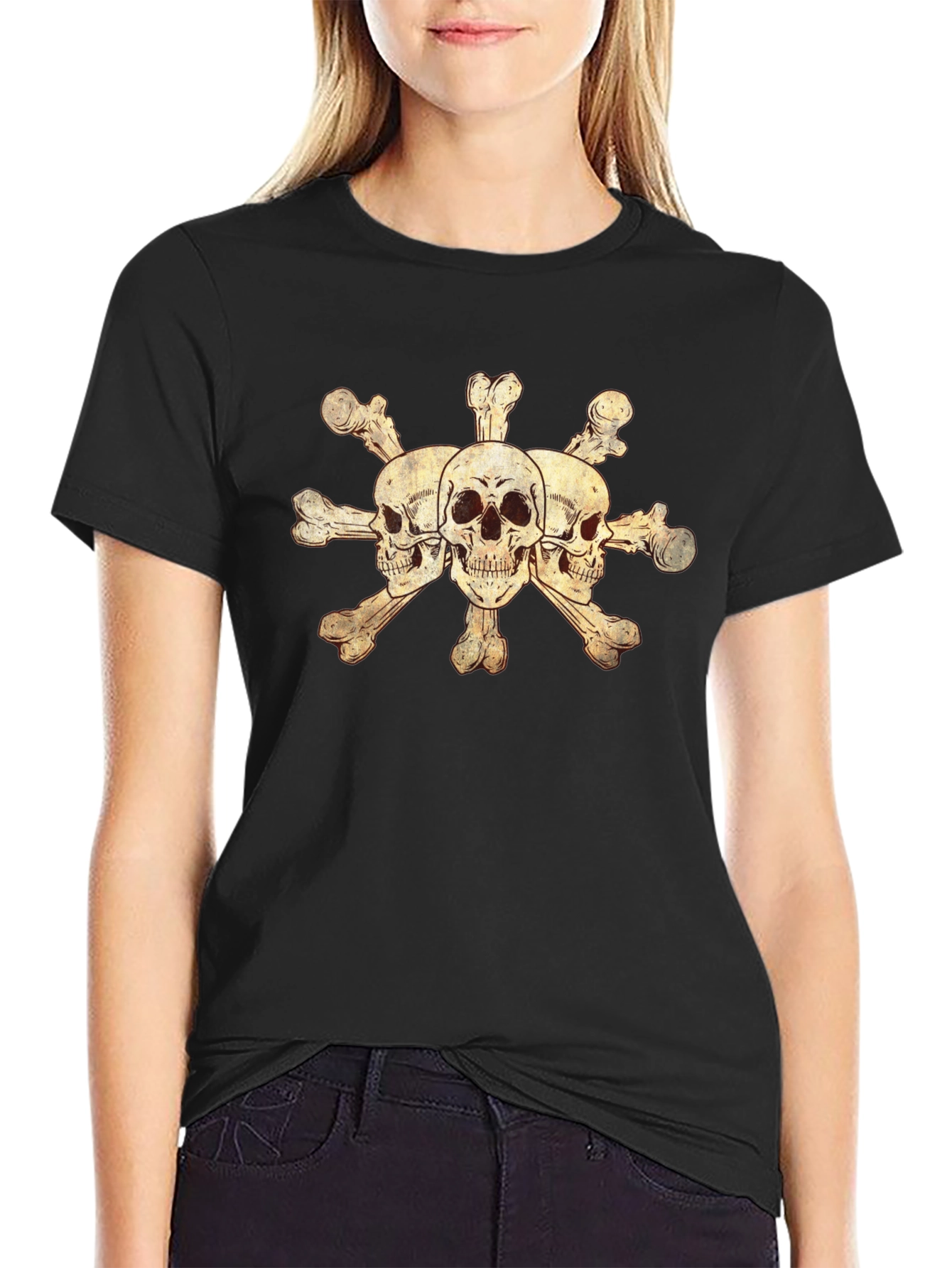Black Skulls and Crossbones Graphic Tee - Black Cotton Blend view 2