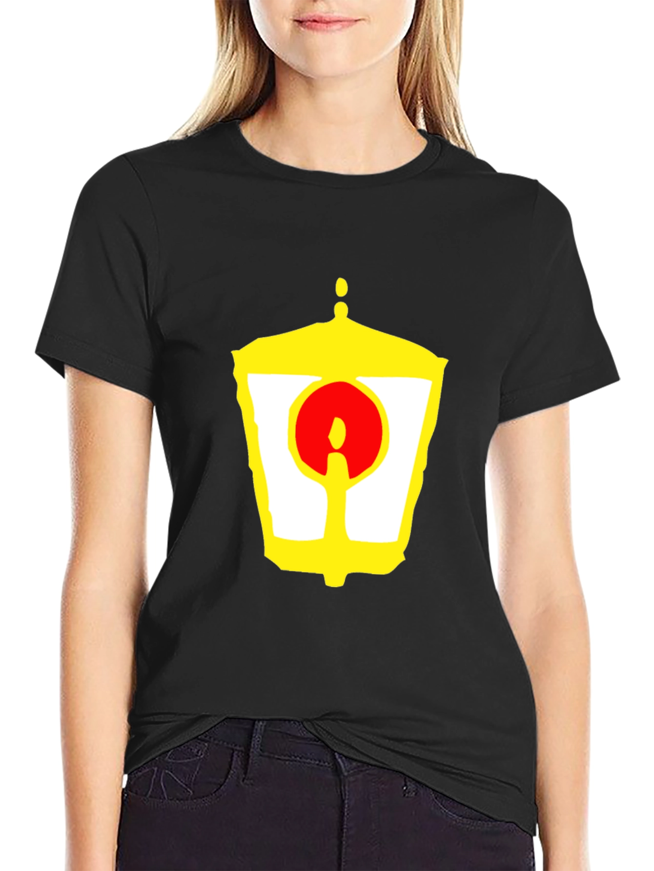 Black Unique Graphic Tee - Yellow Lantern and Red Circle Design view 2