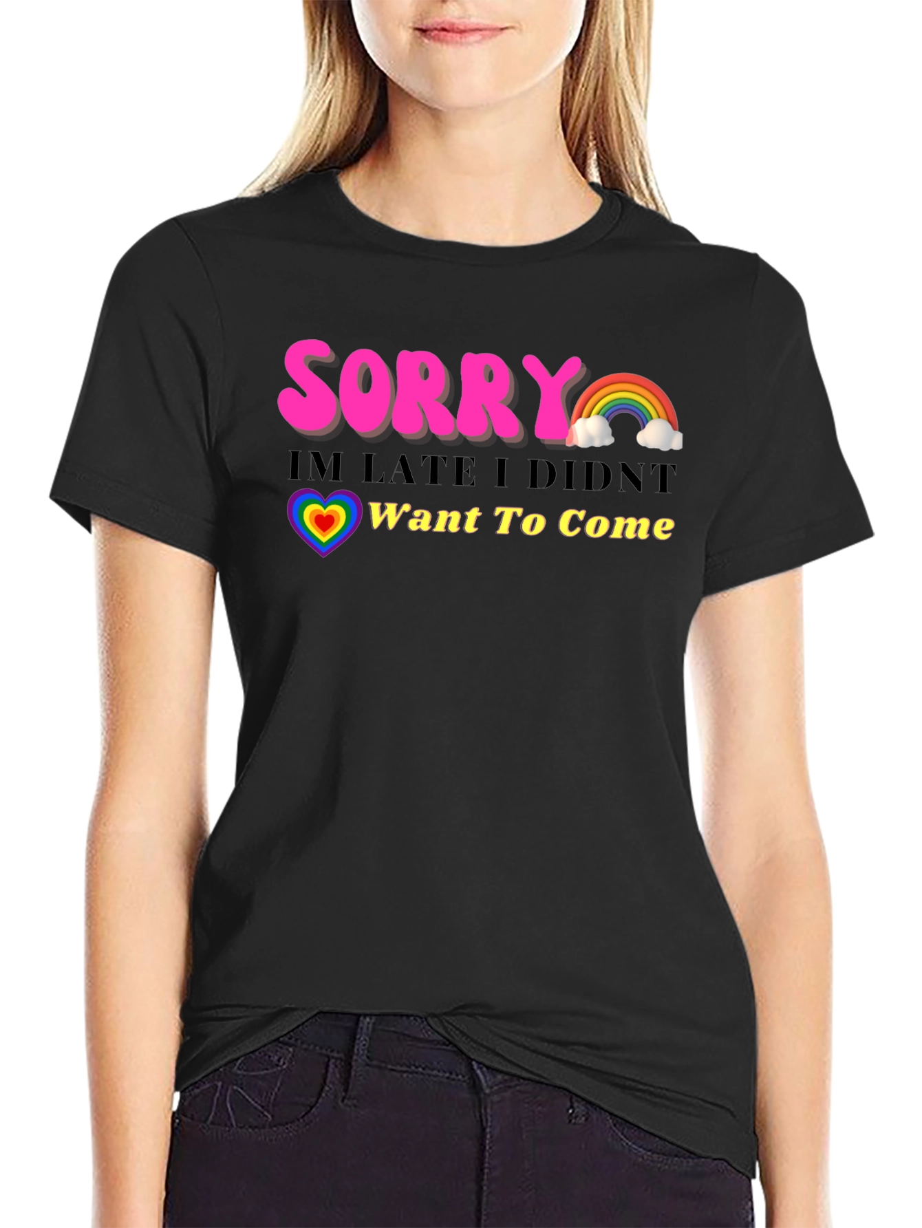 Black Funny Sorry I'm Late Rainbow Graphic T-Shirt view 2