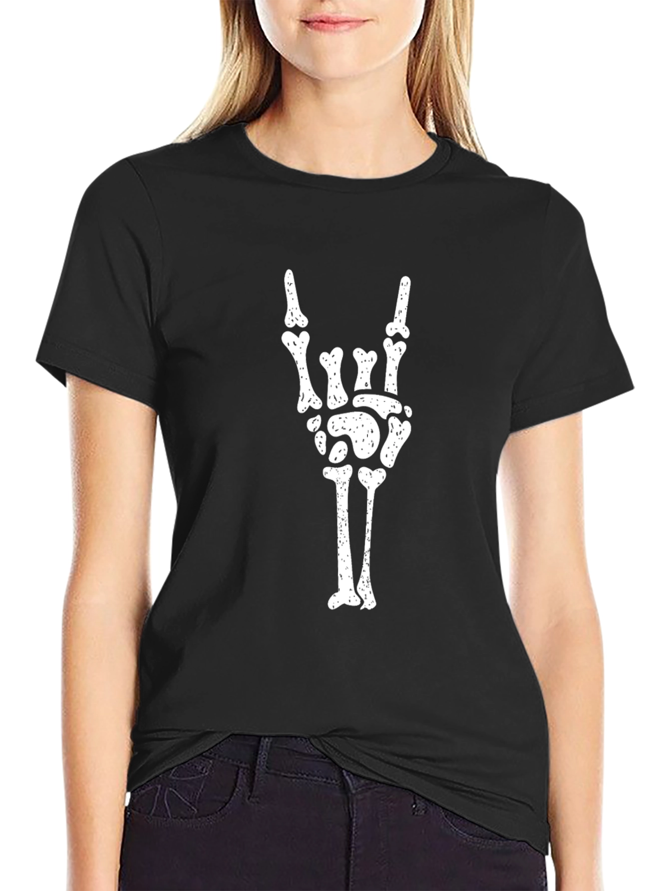 Black Skeleton Hand Rock On Graphic T-Shirt view 2