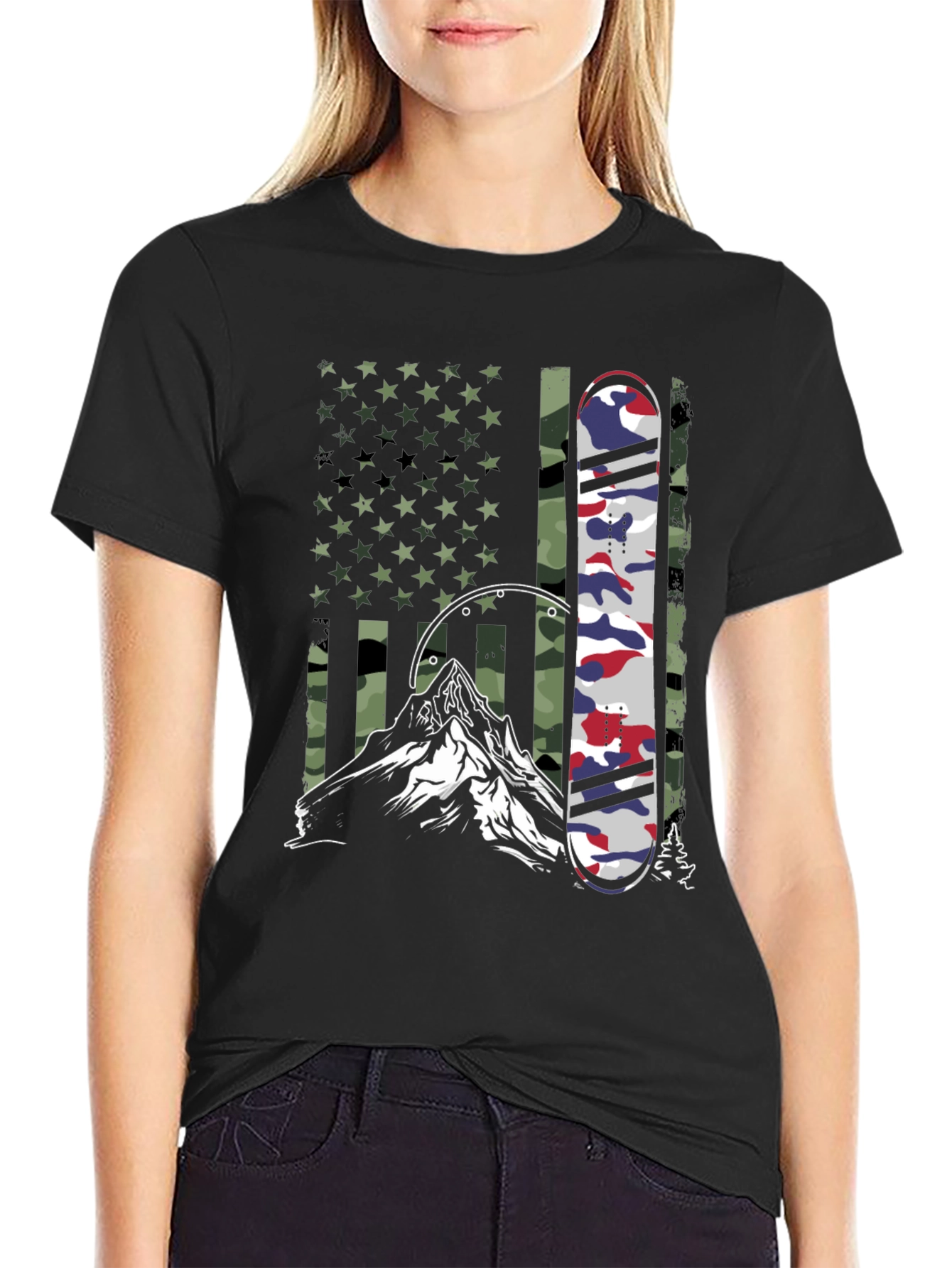 Black American Flag Camo Snowboard Mountain Graphic Tee view 2