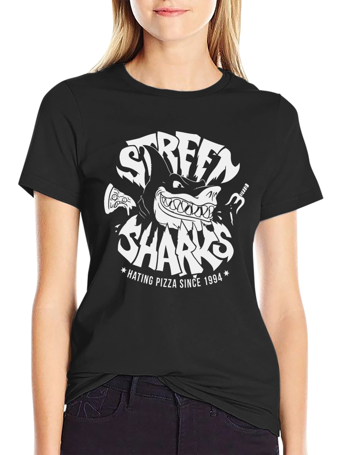 Black Street Sharks Hating Pizza Since 1994 Black T-Shirt view 2