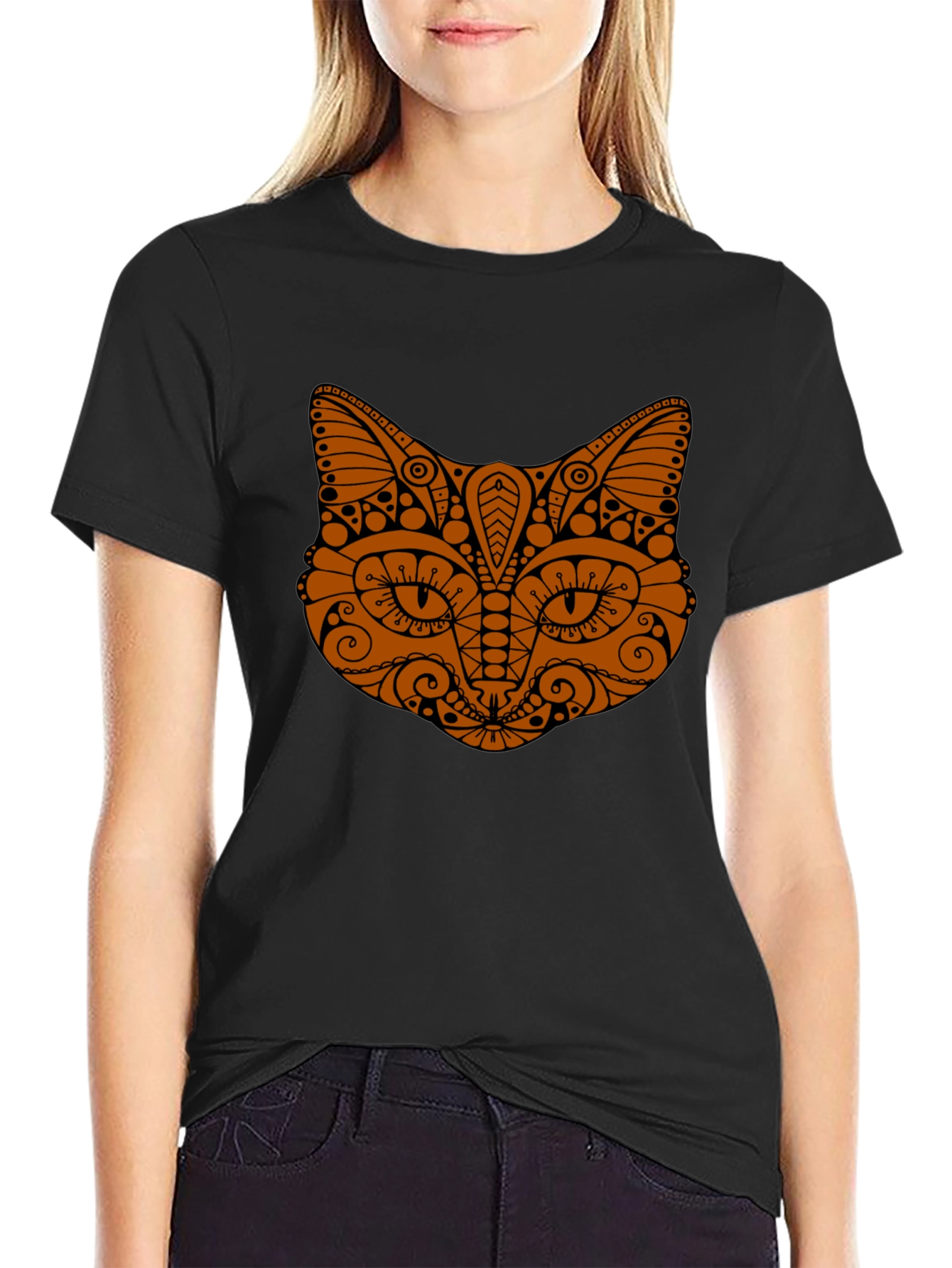 Black Tribal Cat Graphic Tee - Stylish Black T-Shirt view 2