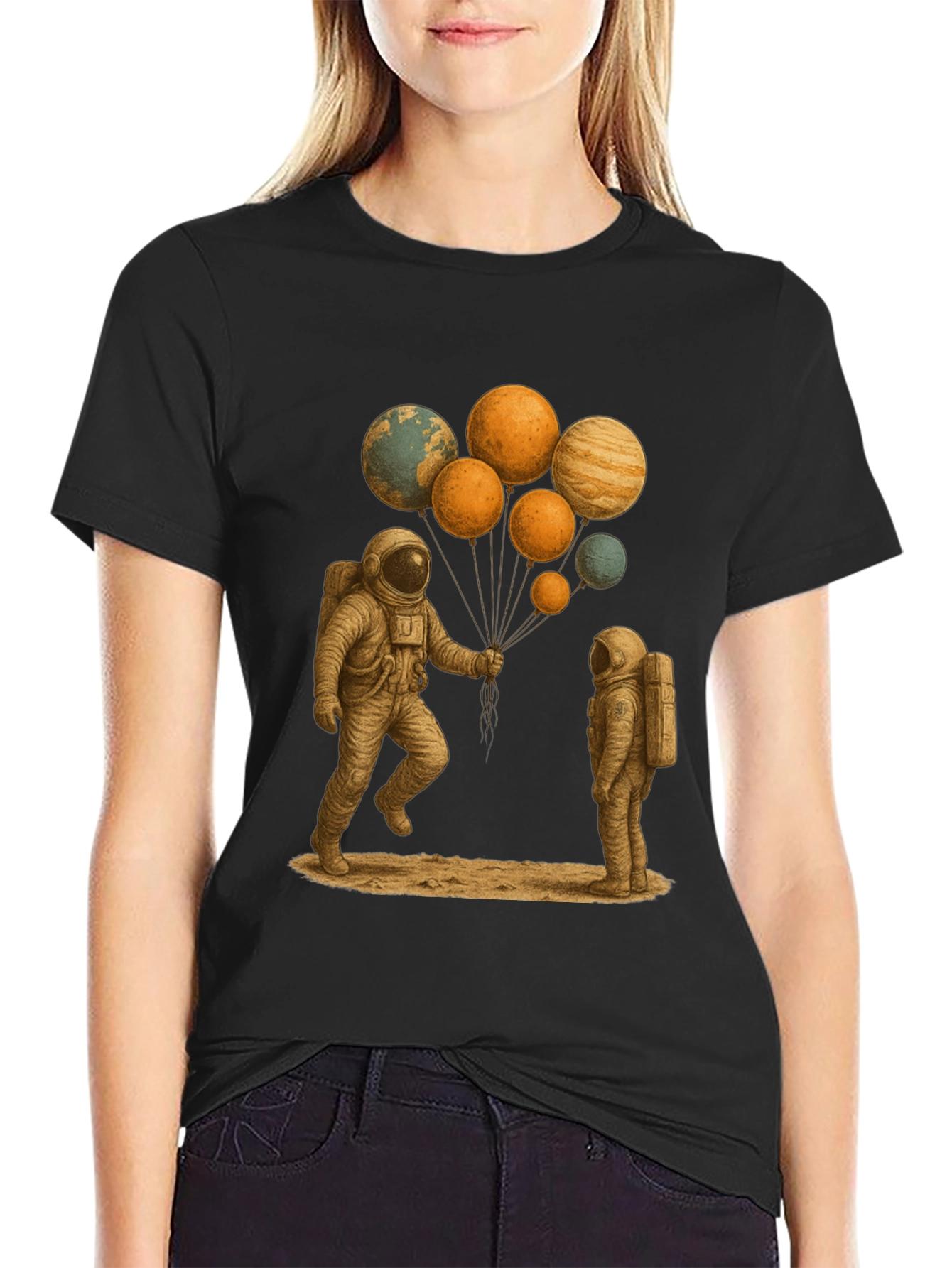 Black Astronauts and Planet Balloons Graphic Tee view 2