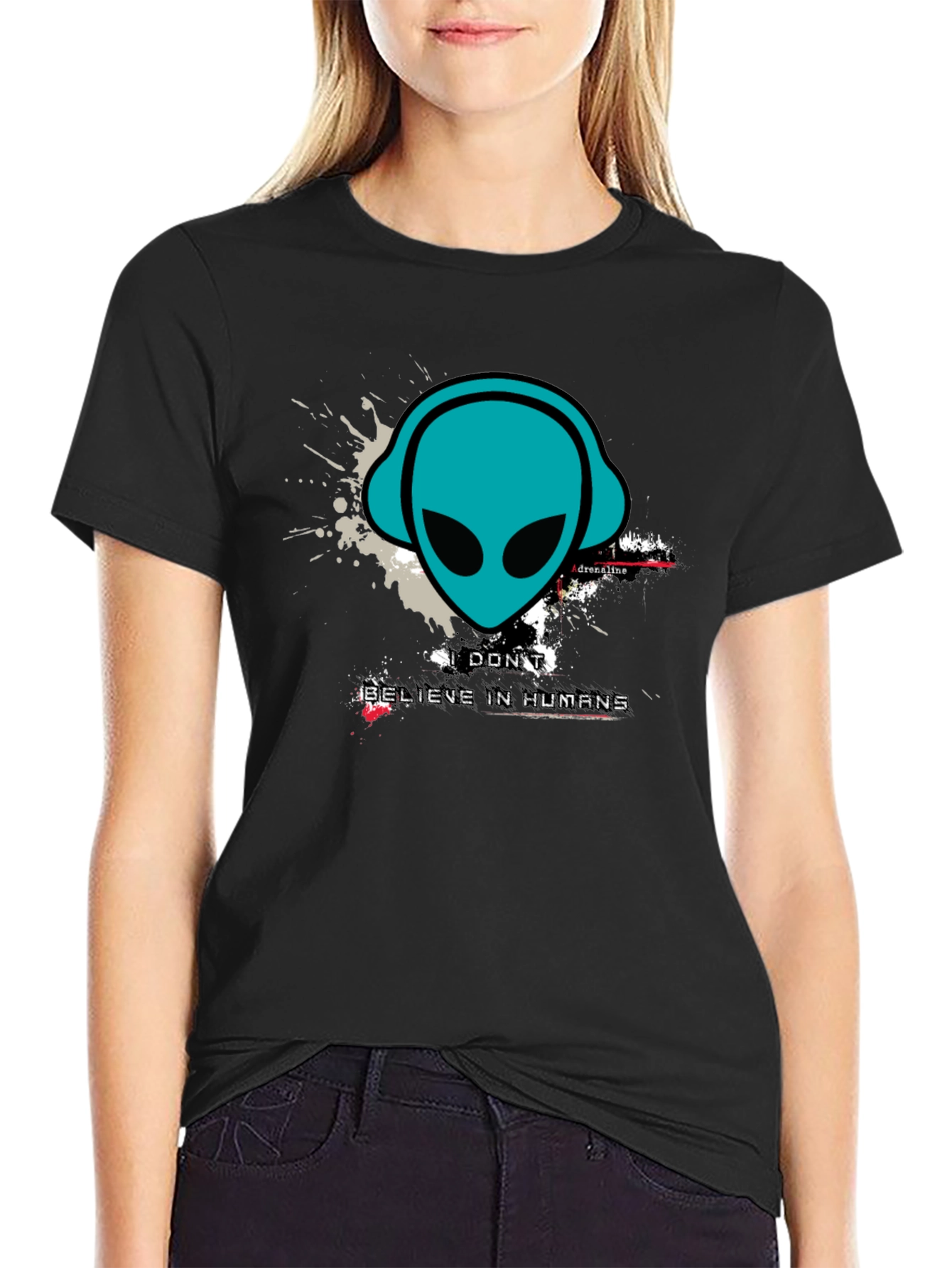 Black Alien Headphones Graphic Tee - Believe in Humans? view 2