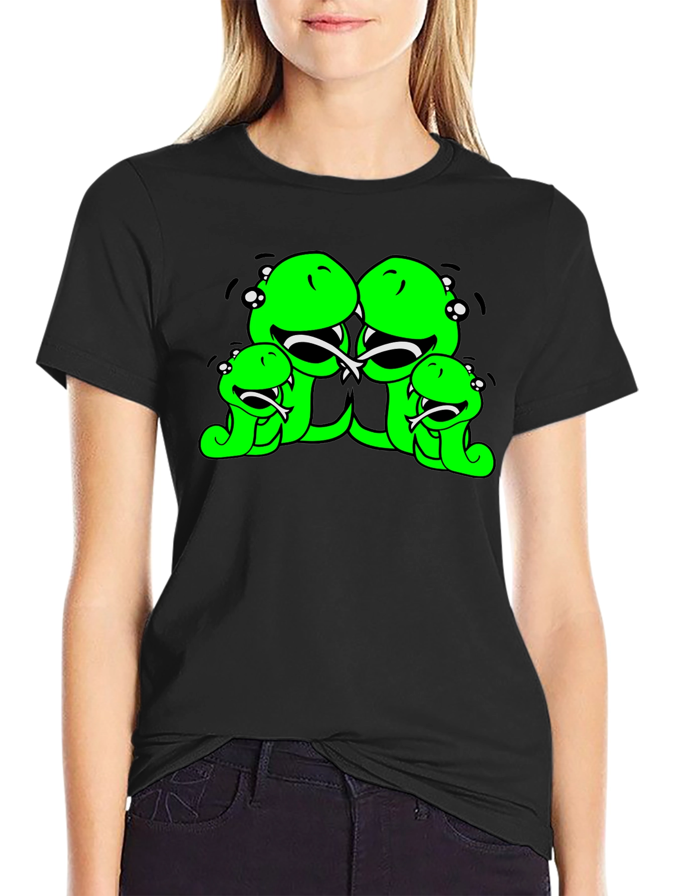 Black Funny Cartoon Snake Family Black T-Shirt view 2