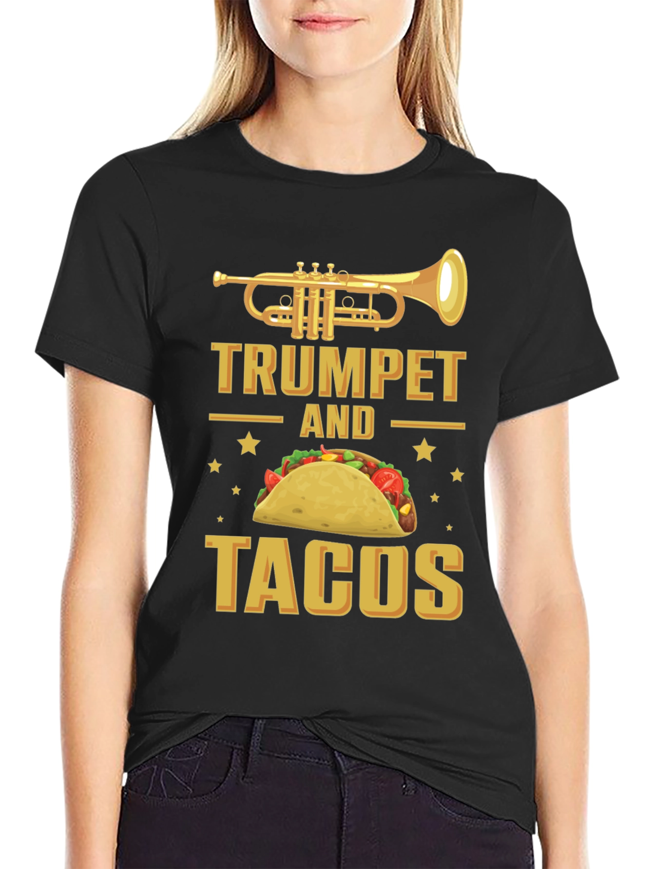 Black Trumpet and Tacos Graphic T-Shirt Funny Music Food Tee view 2