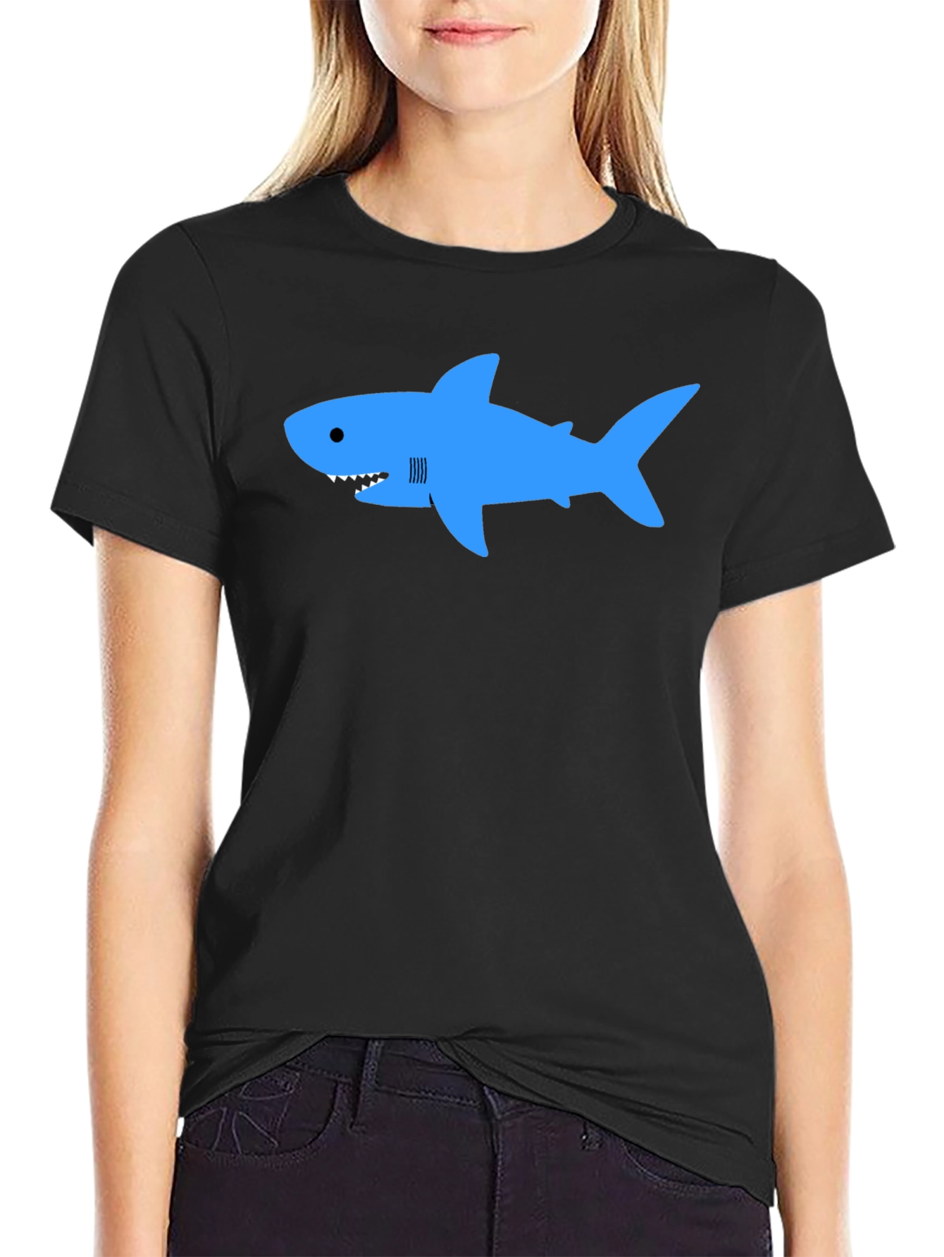 Black Blue Shark Graphic T-Shirt - Classic Crew Neck view 2