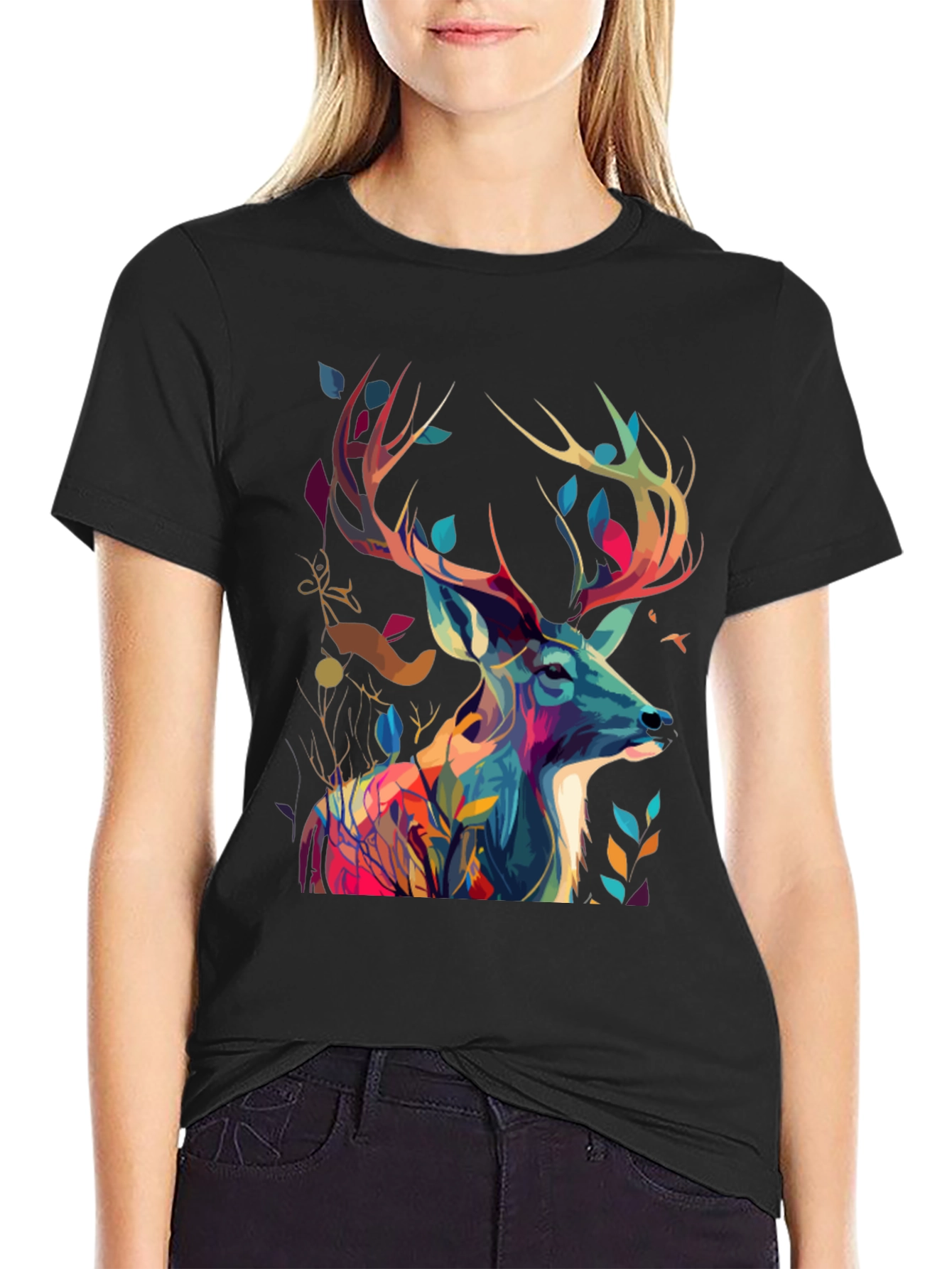 Black Artistic Deer Graphic Tee - Black Cotton Blend view 2