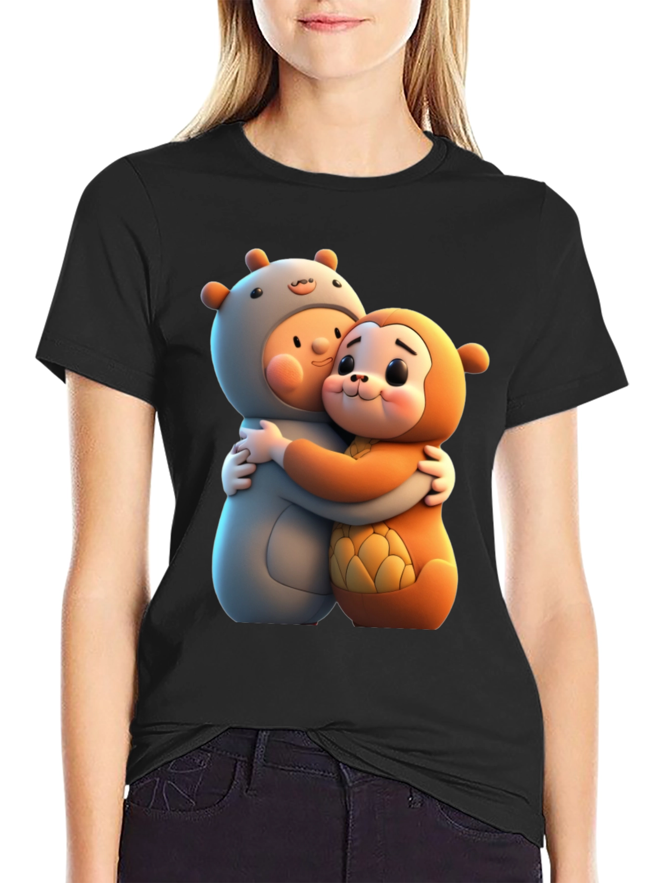 Black Cute Cartoon Character Hug Graphic Tee view 2