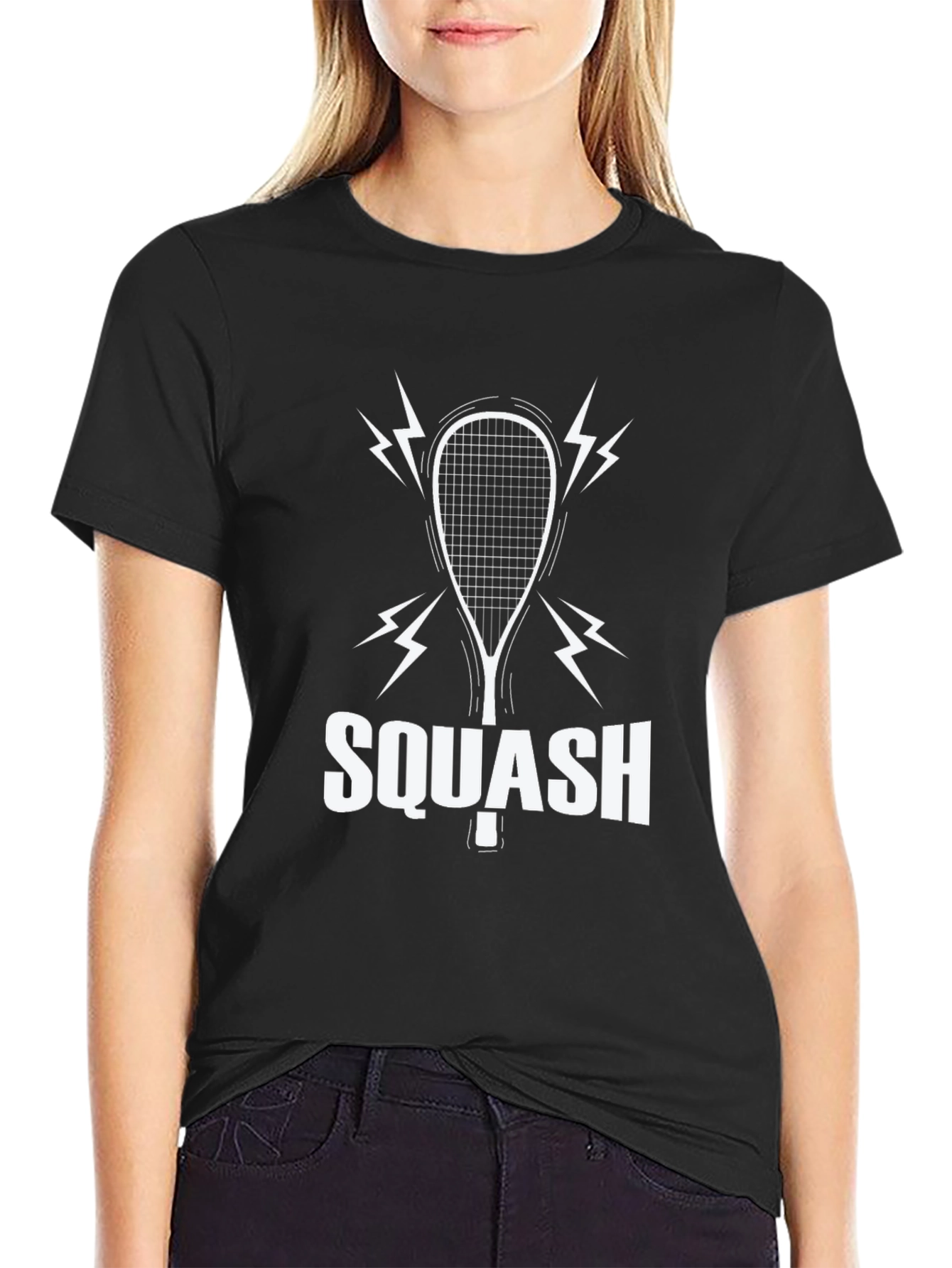 Black Squash Racket Graphic T-Shirt - Black Cotton Tee view 2