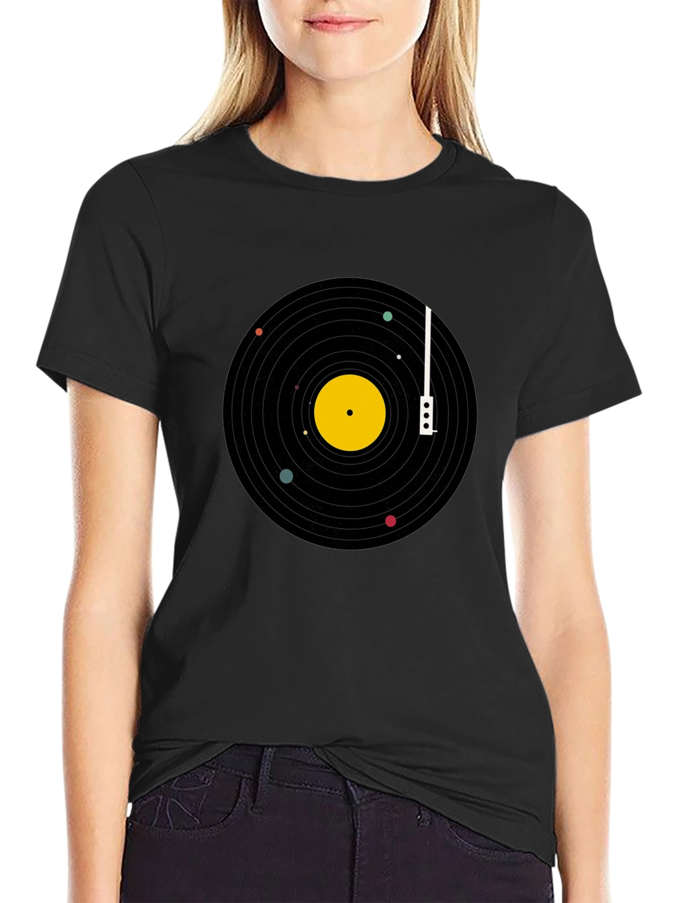 Black Planetary Vinyl Record T-Shirt - Black Cotton Tee view 2