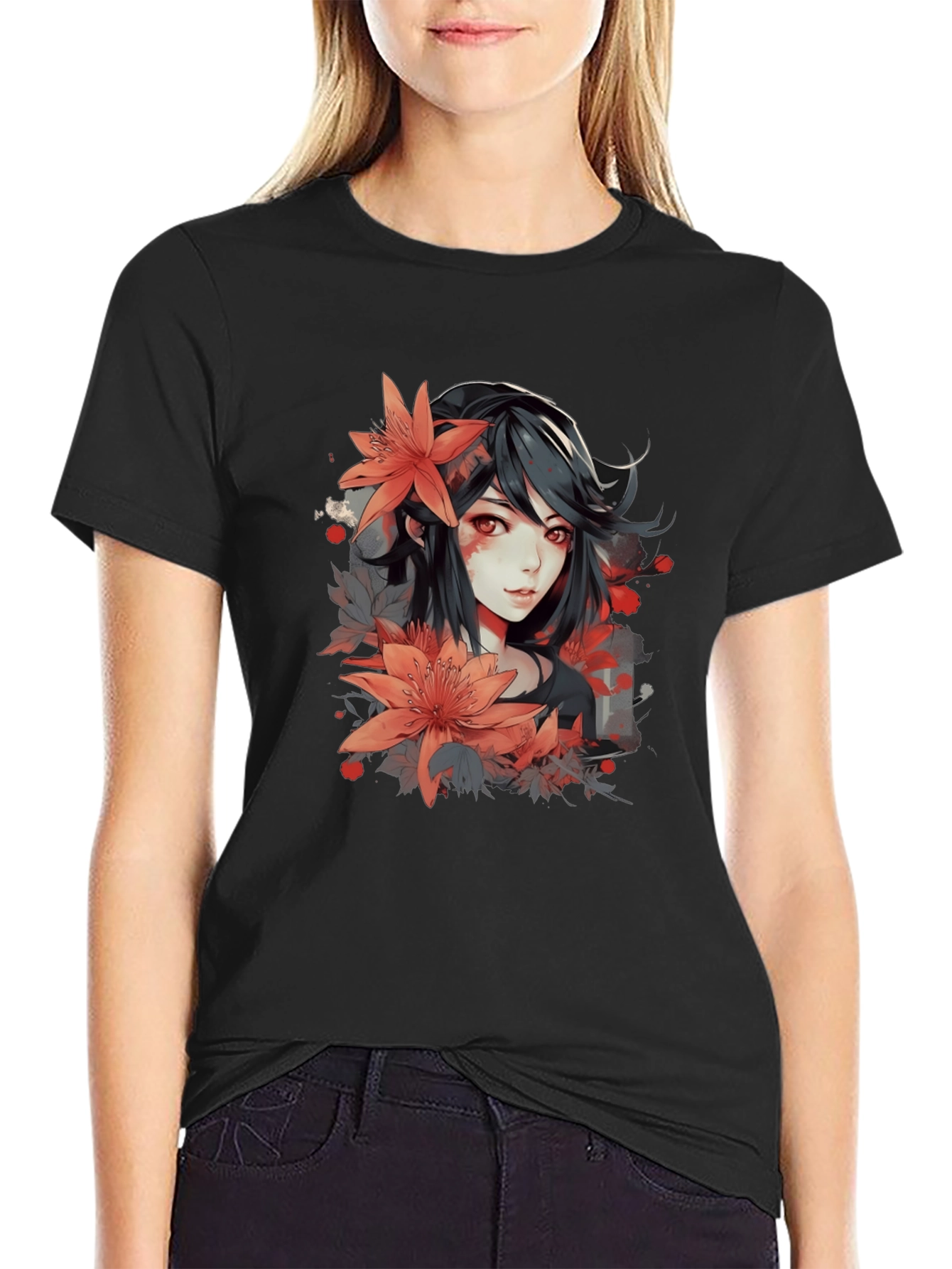 Black Anime Girl Floral Graphic Black T-Shirt view 2