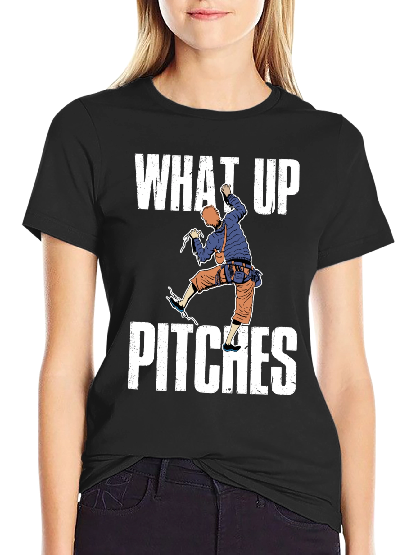 Black What Up Pitches Climbing Graphic T-Shirt view 2