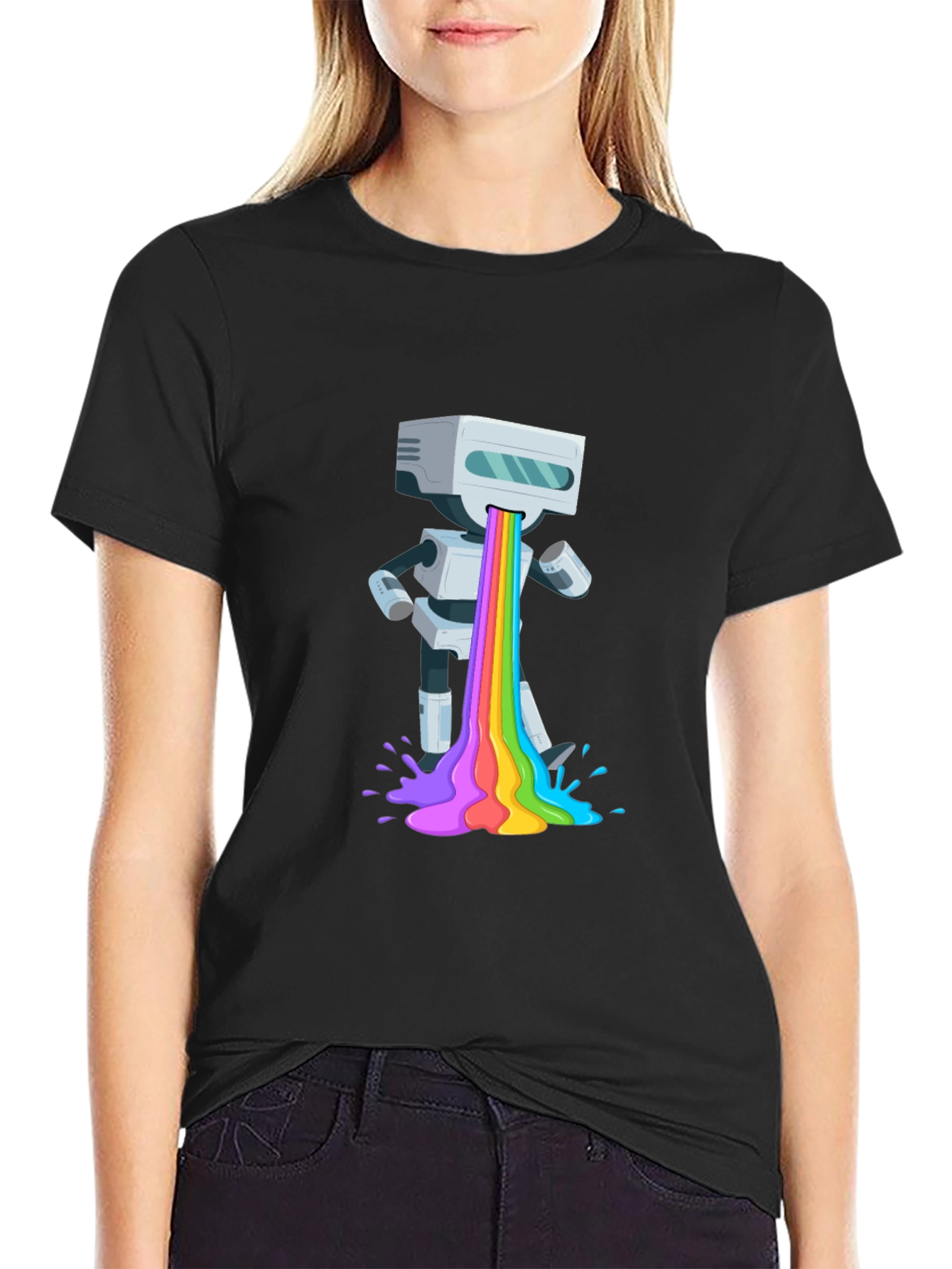 Black Robot Rainbow Puke Graphic T-Shirt view 2