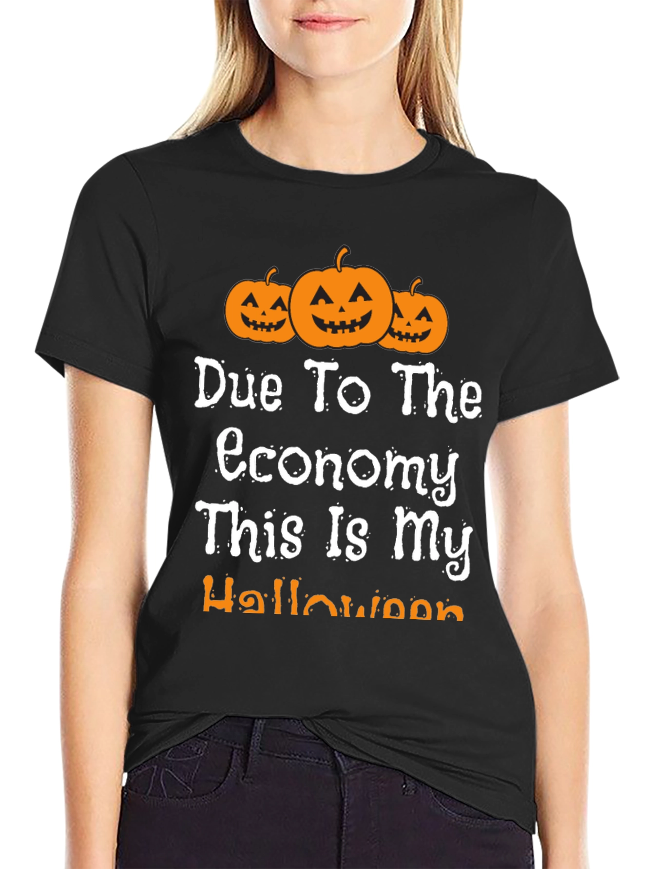 Black Funny Halloween Economy Pumpkin T-Shirt view 2
