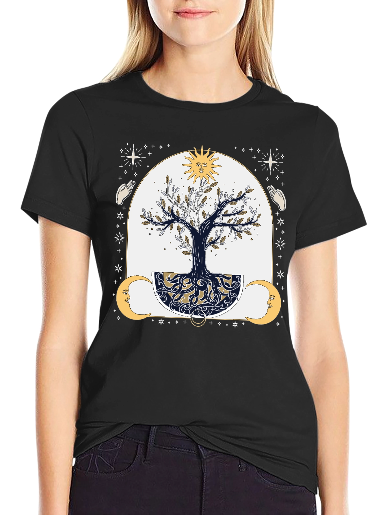 Black Mystic Tree Graphic Tee - Sun, Moon, and Stars view 2