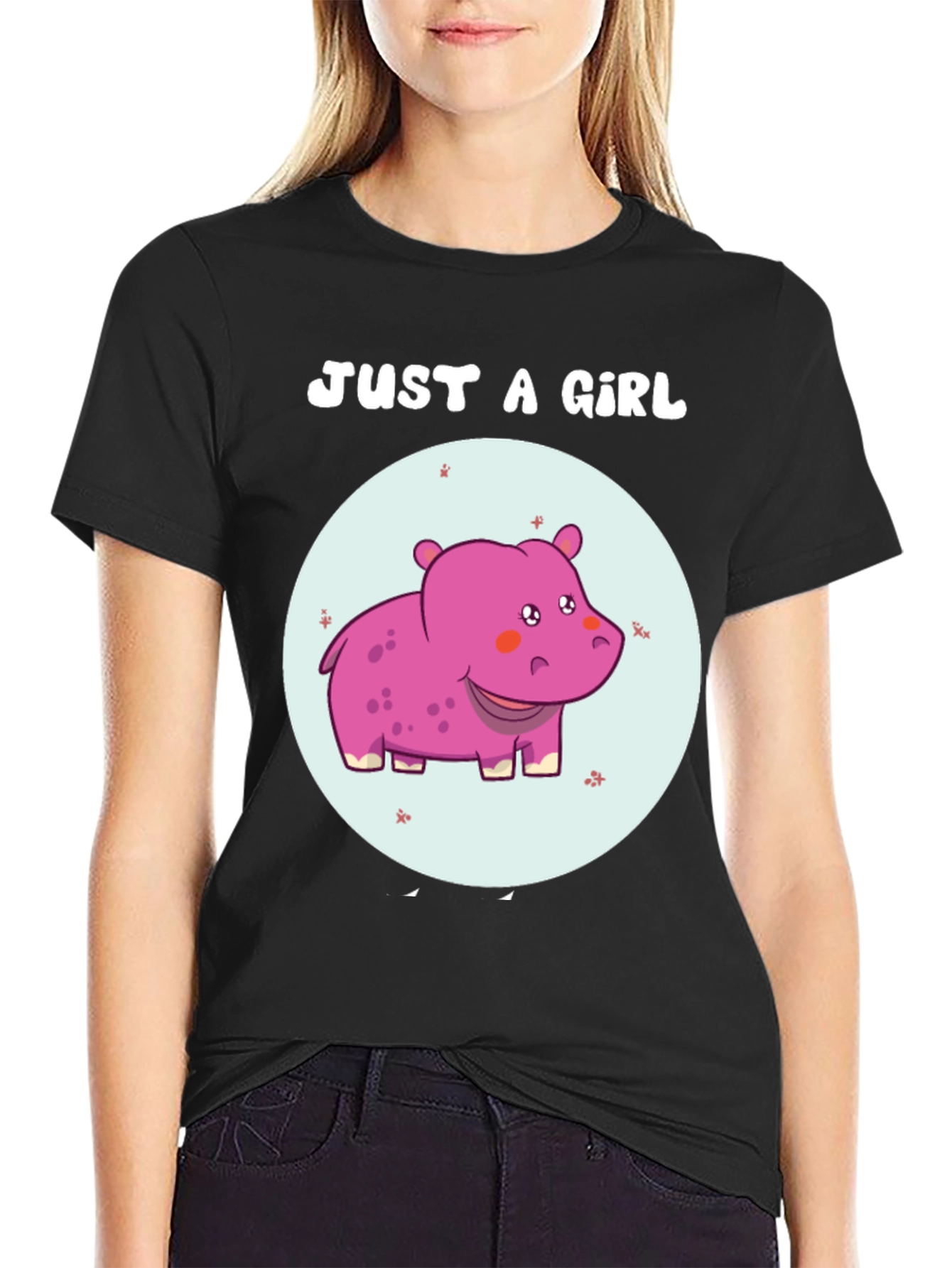 Black Just A Girl Hippo T-Shirt Cute Animal Graphic Tee view 2