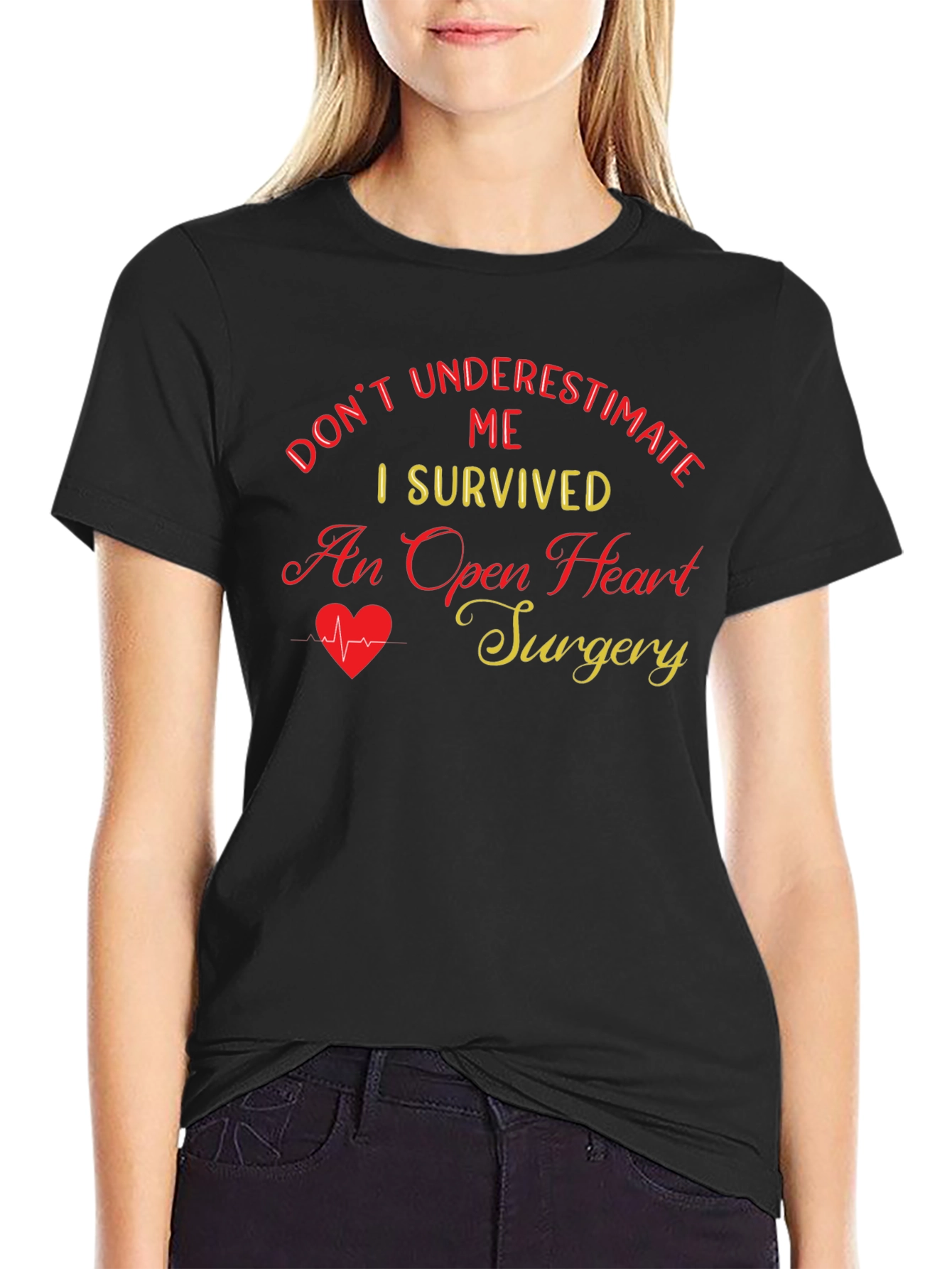 Black I Survived Open Heart Surgery Black T-Shirt view 2