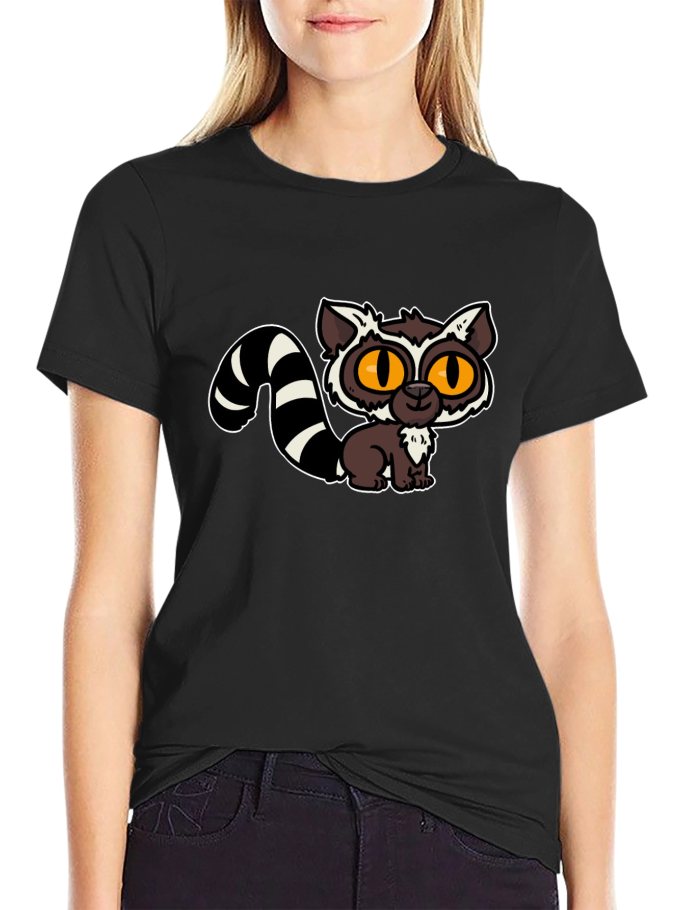 Black Cute Lemur Cartoon Graphic Tee view 2