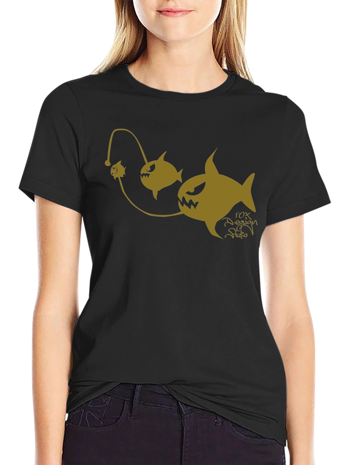 Black Anglerfish Cartoon Graphic Black T-Shirt view 2