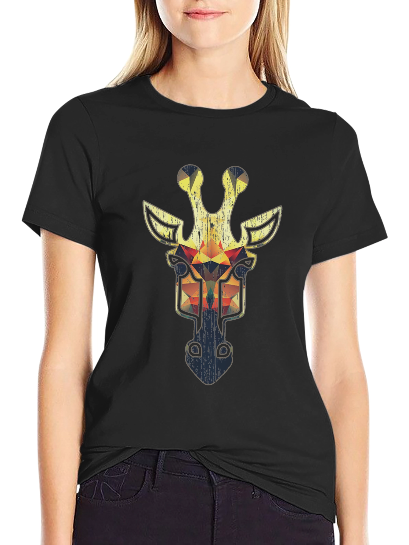 Black Geometric Giraffe Graphic Tee - Cool Animal Print T-Shirt view 2