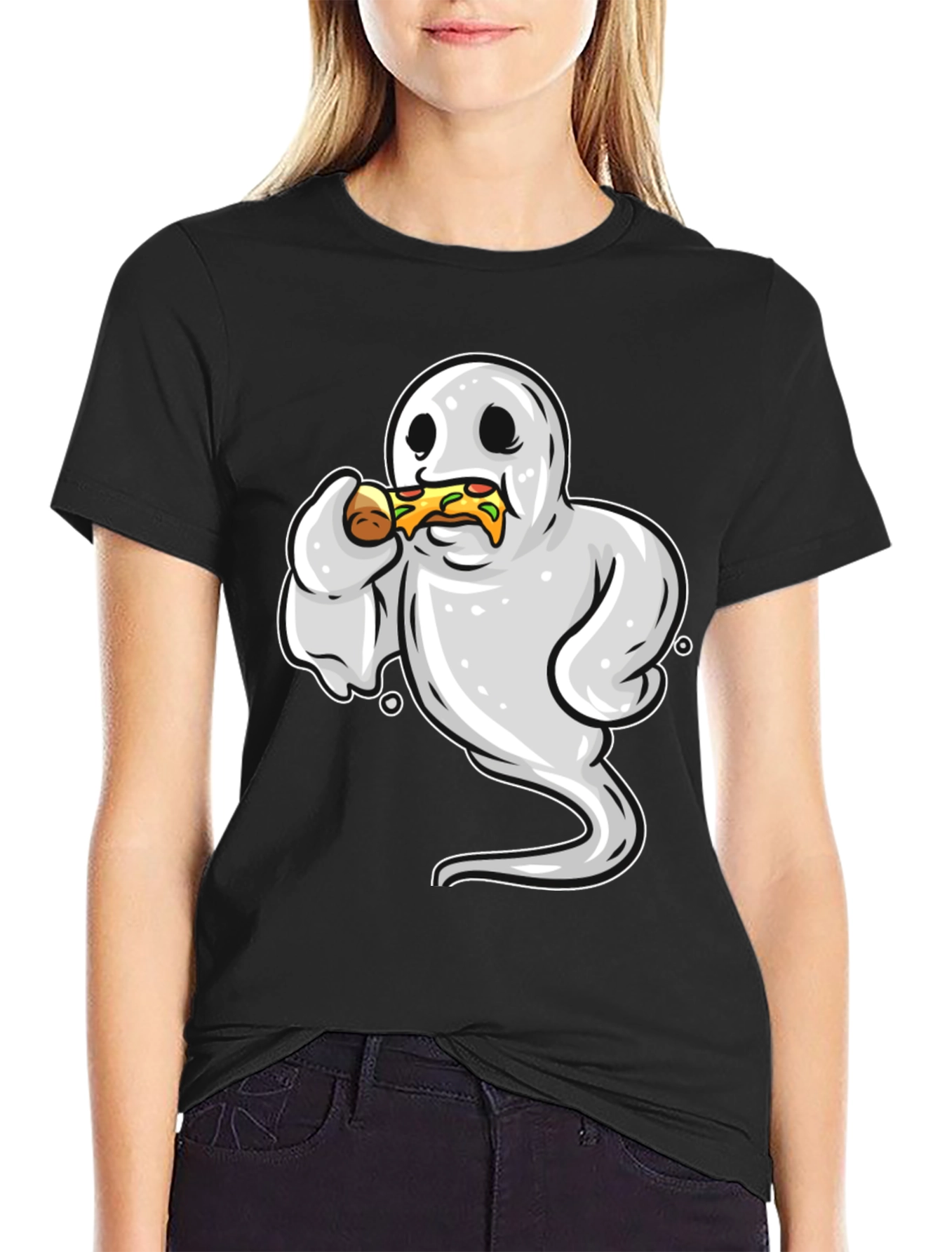 Black Ghost Eating Pizza Funny Graphic Tee view 2