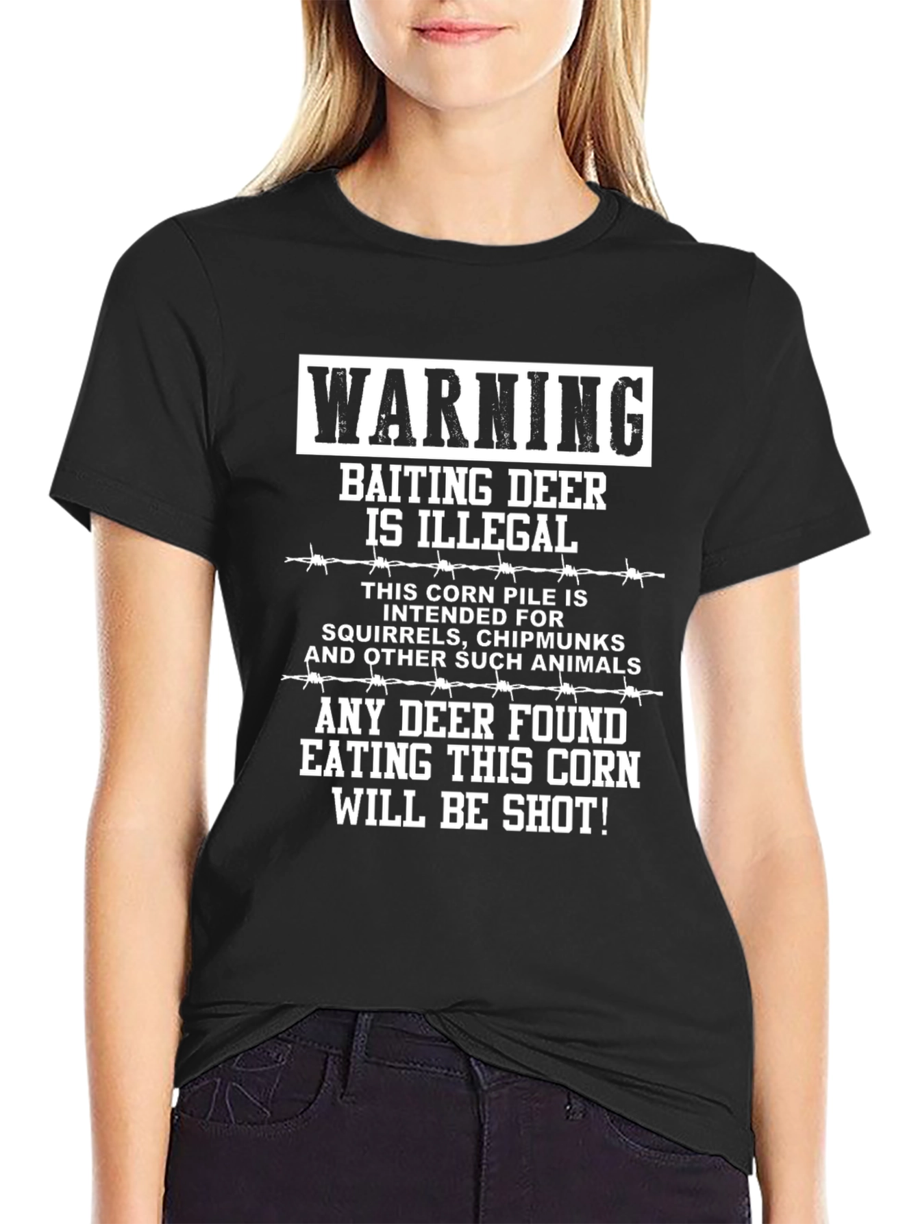 Black Warning Baiting Deer Illegal Humor T-Shirt view 2