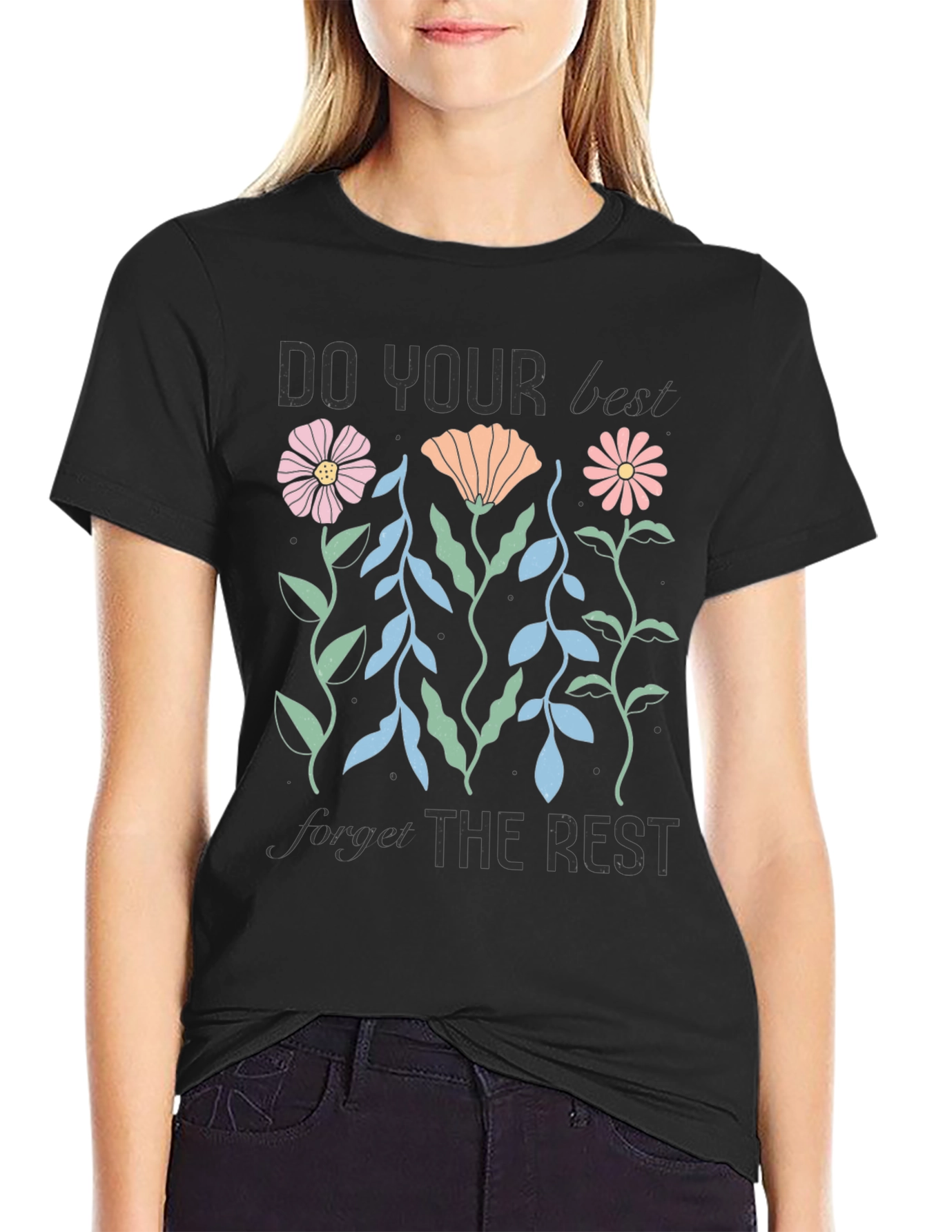 Black Motivational Floral Graphic T-Shirt view 2