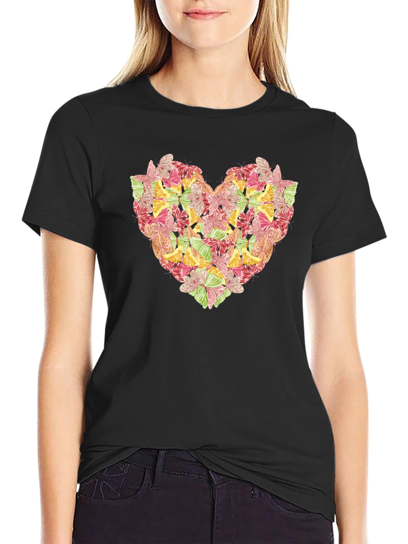Black Butterfly Heart Graphic Black T-Shirt view 2