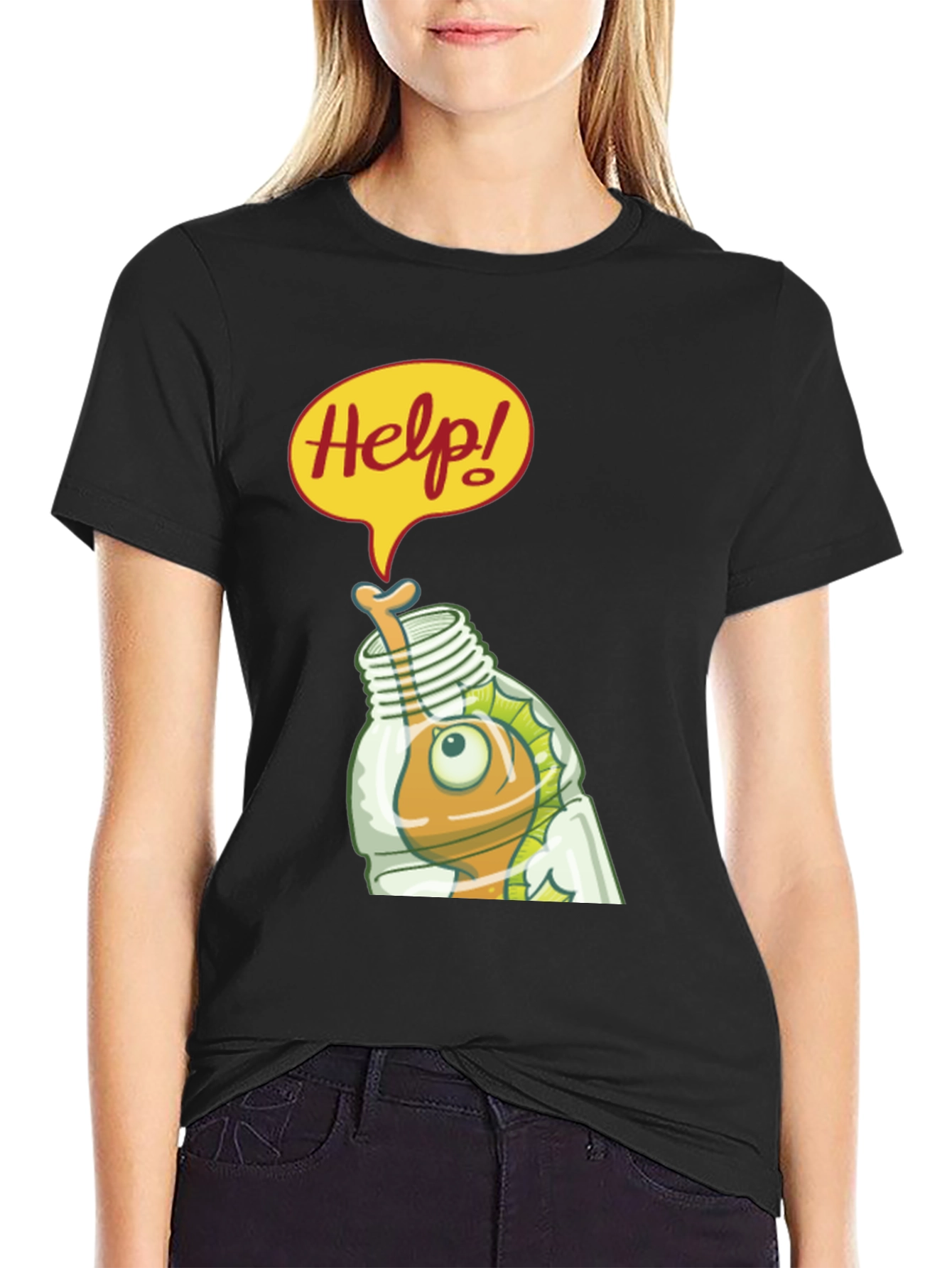 Black Help! Cartoon Fish in Bottle Graphic T-Shirt view 2