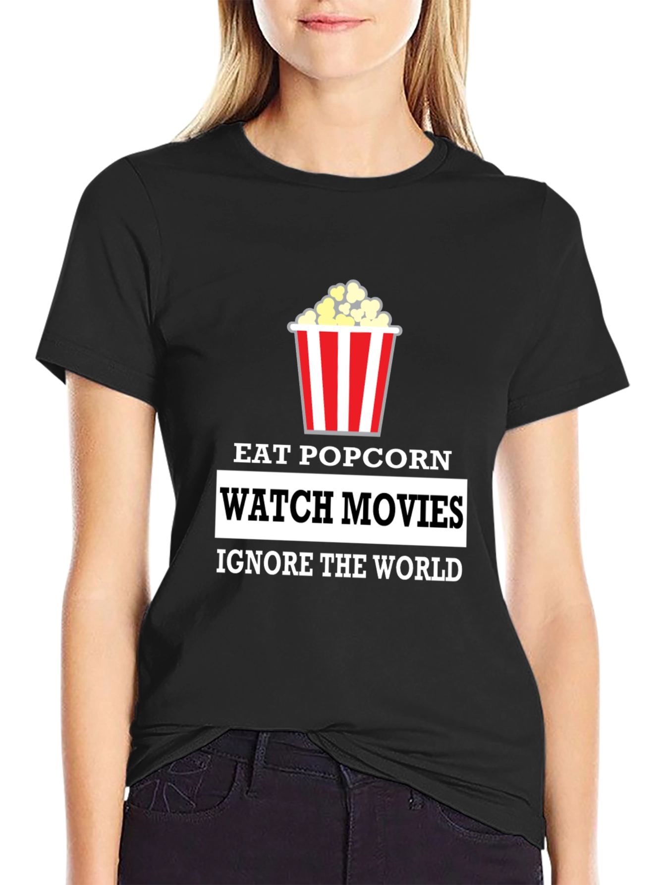 Black Eat Popcorn Watch Movies T-Shirt view 2