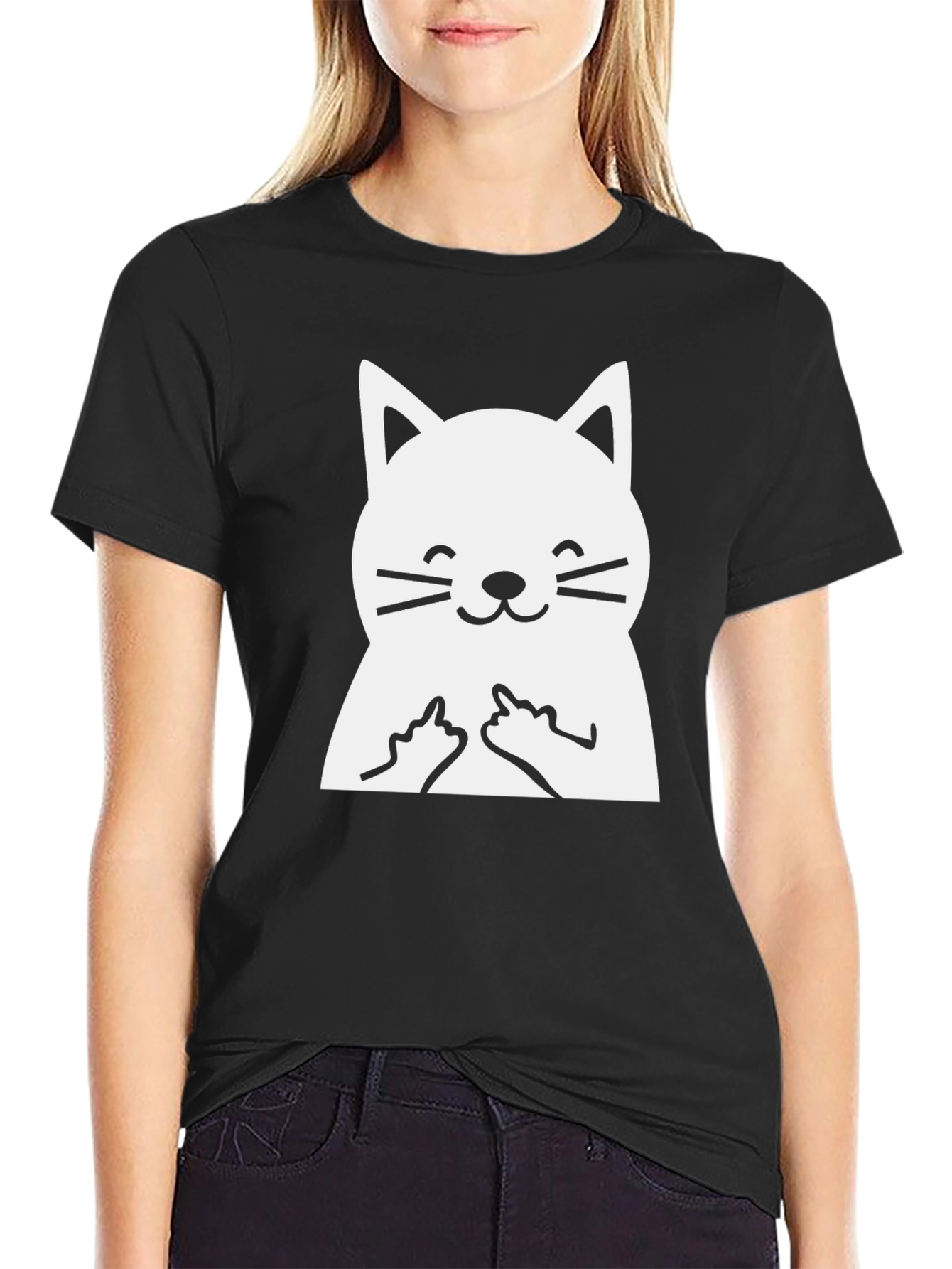 Black Funny Cat Middle Finger Graphic T-Shirt view 2