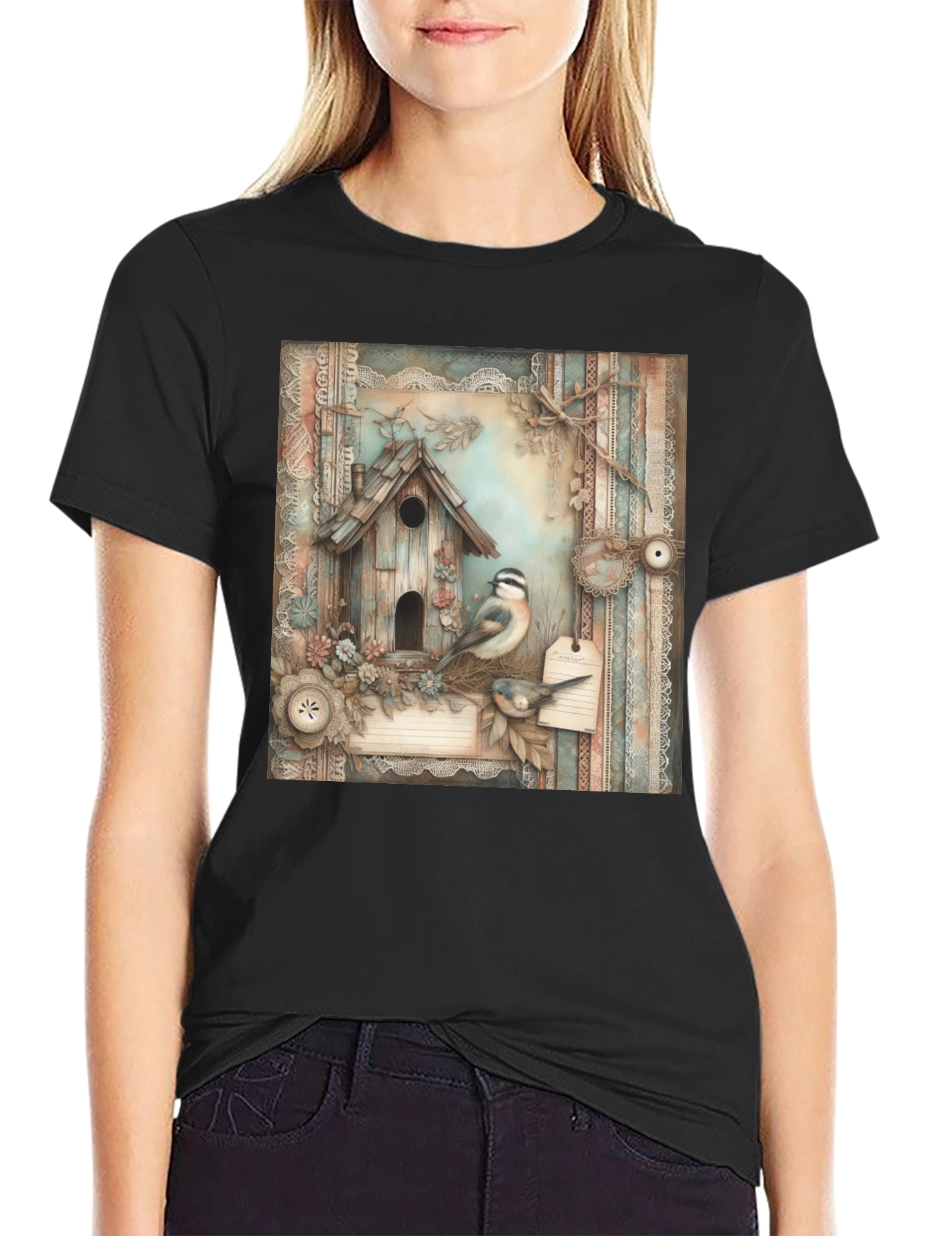 Black Rustic Birdhouse & Bird T-Shirt view 2