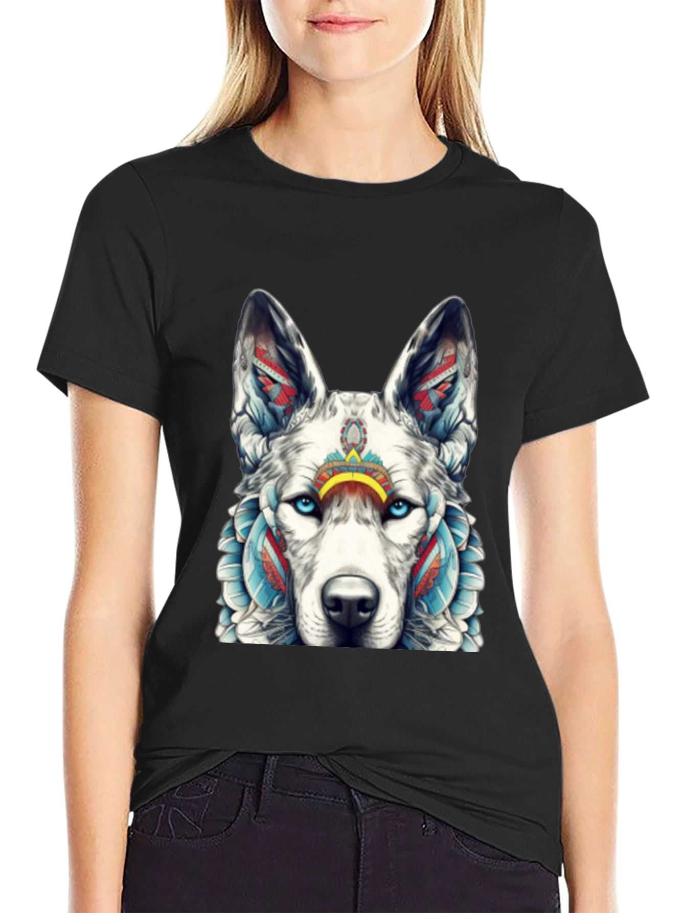 Black Wolf Graphic Tee - Tribal Style T-Shirt view 2