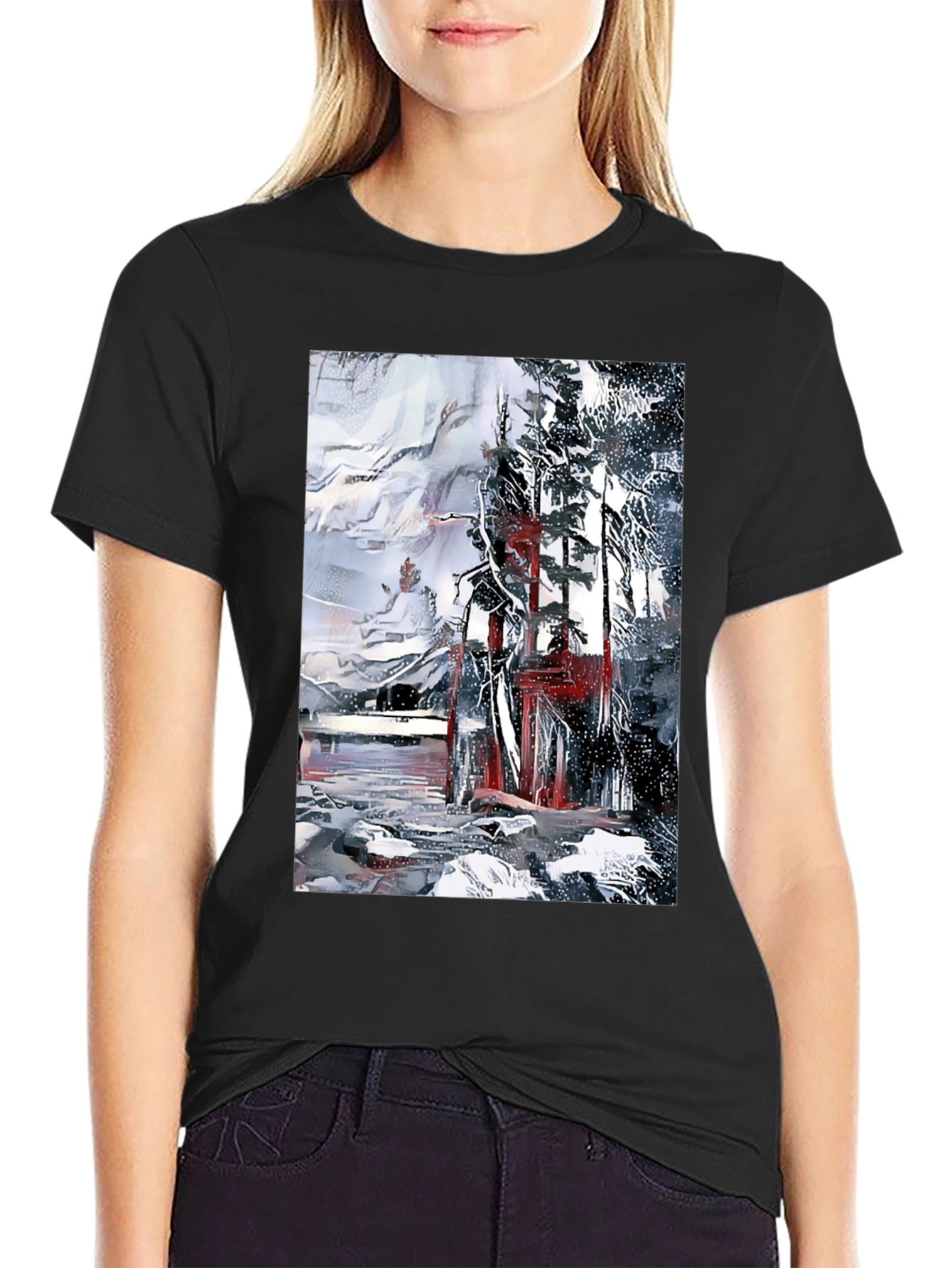 Black Abstract Winter Scene Black T-Shirt view 2