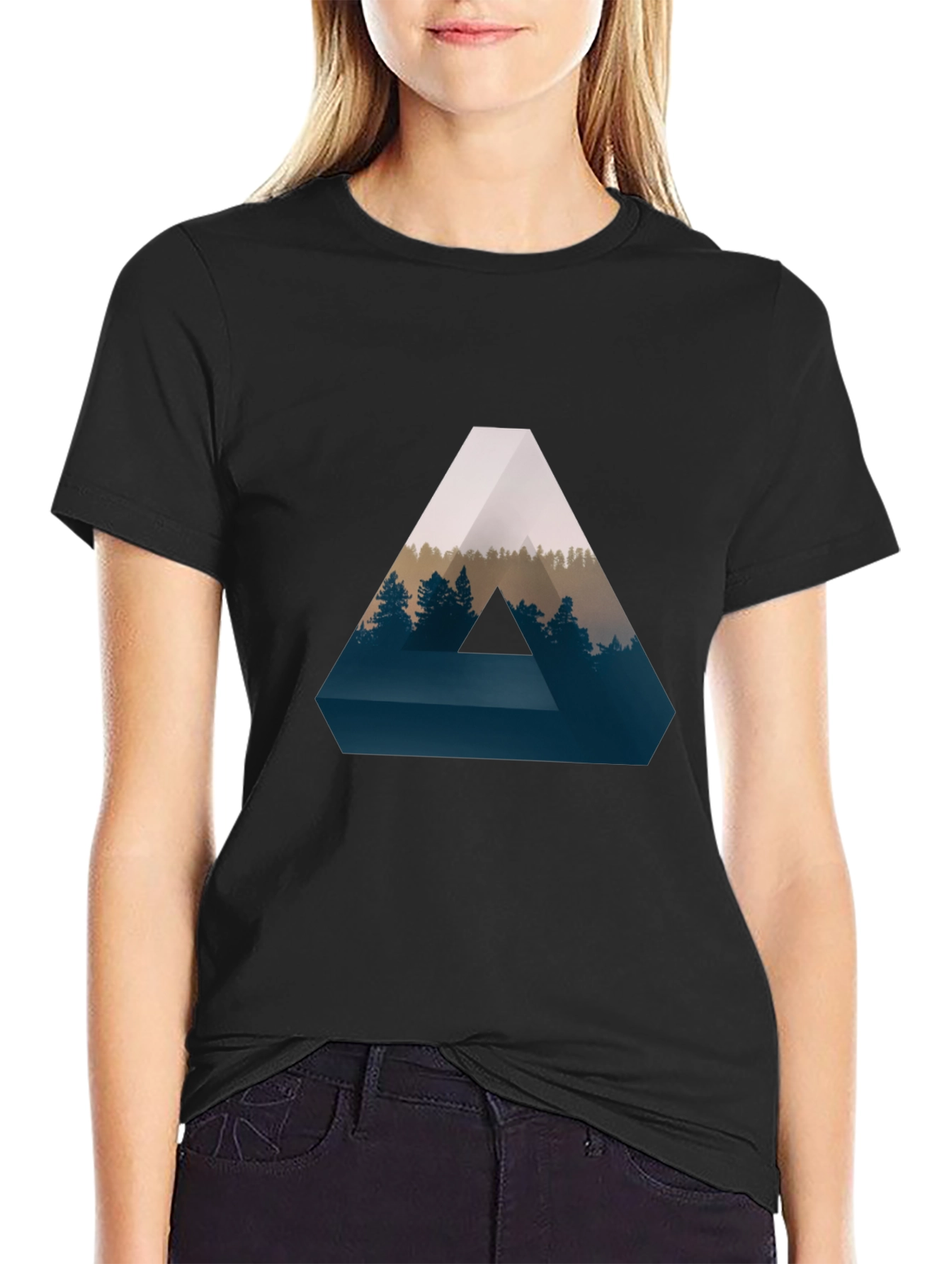 Black Geometric Forest Print T-Shirt - Stylish and Unique view 2