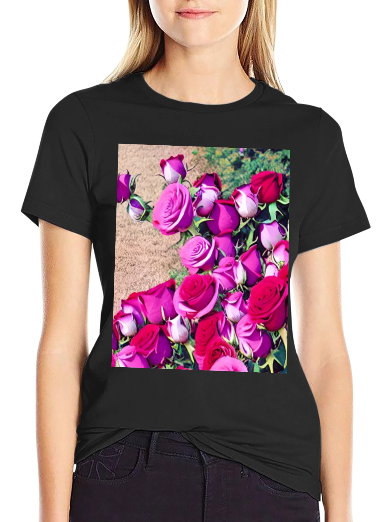 Black Floral Print T-Shirt: Roses Graphic Tee view 2