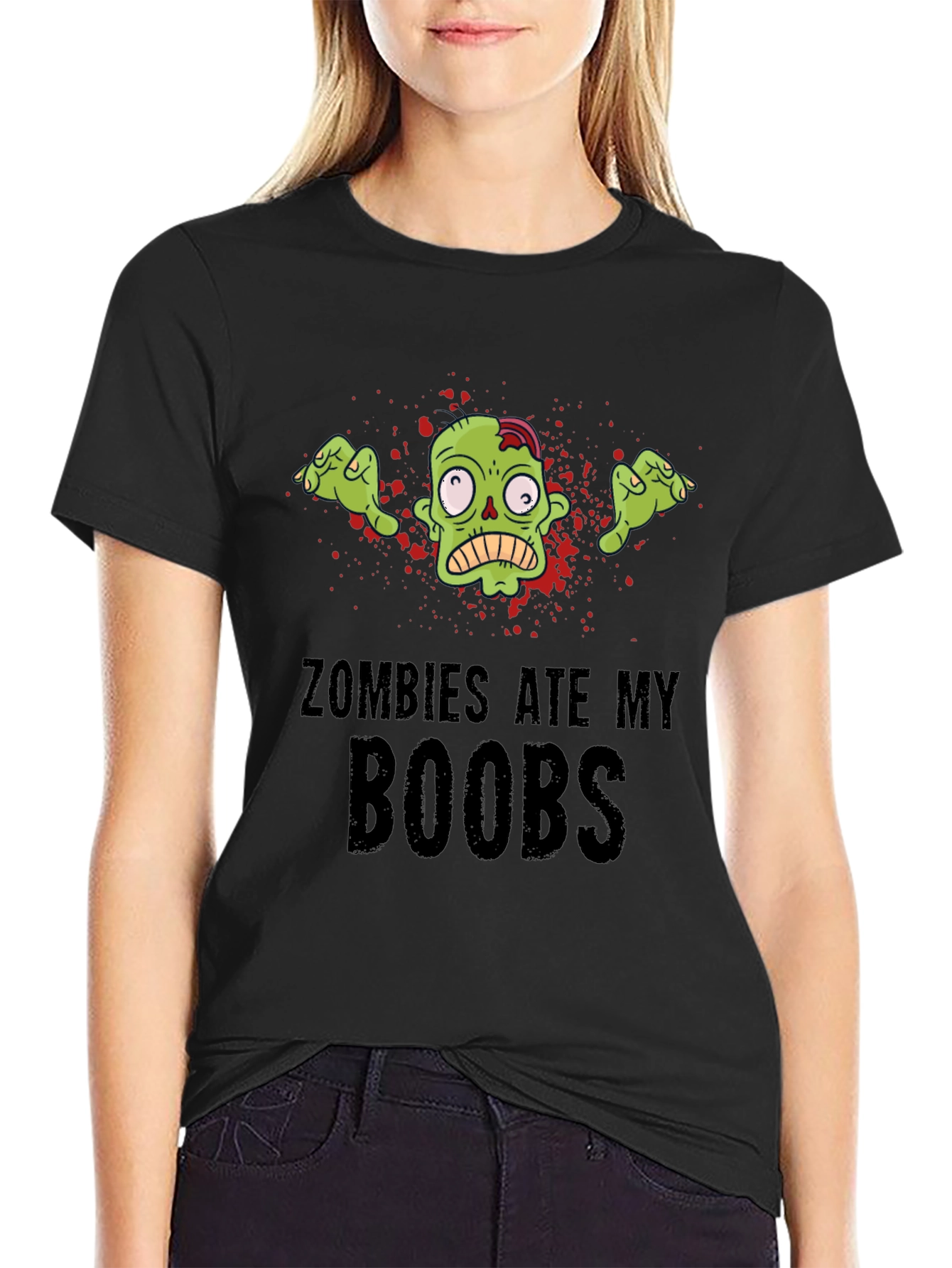 Black Zombies Ate My Boobs Graphic T-Shirt - Black Cotton Tee view 2